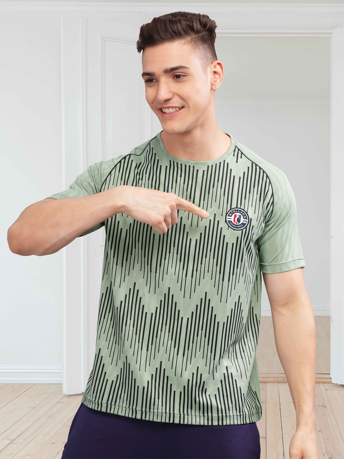 Misty Green Mens Printed Round Neck Active Wear