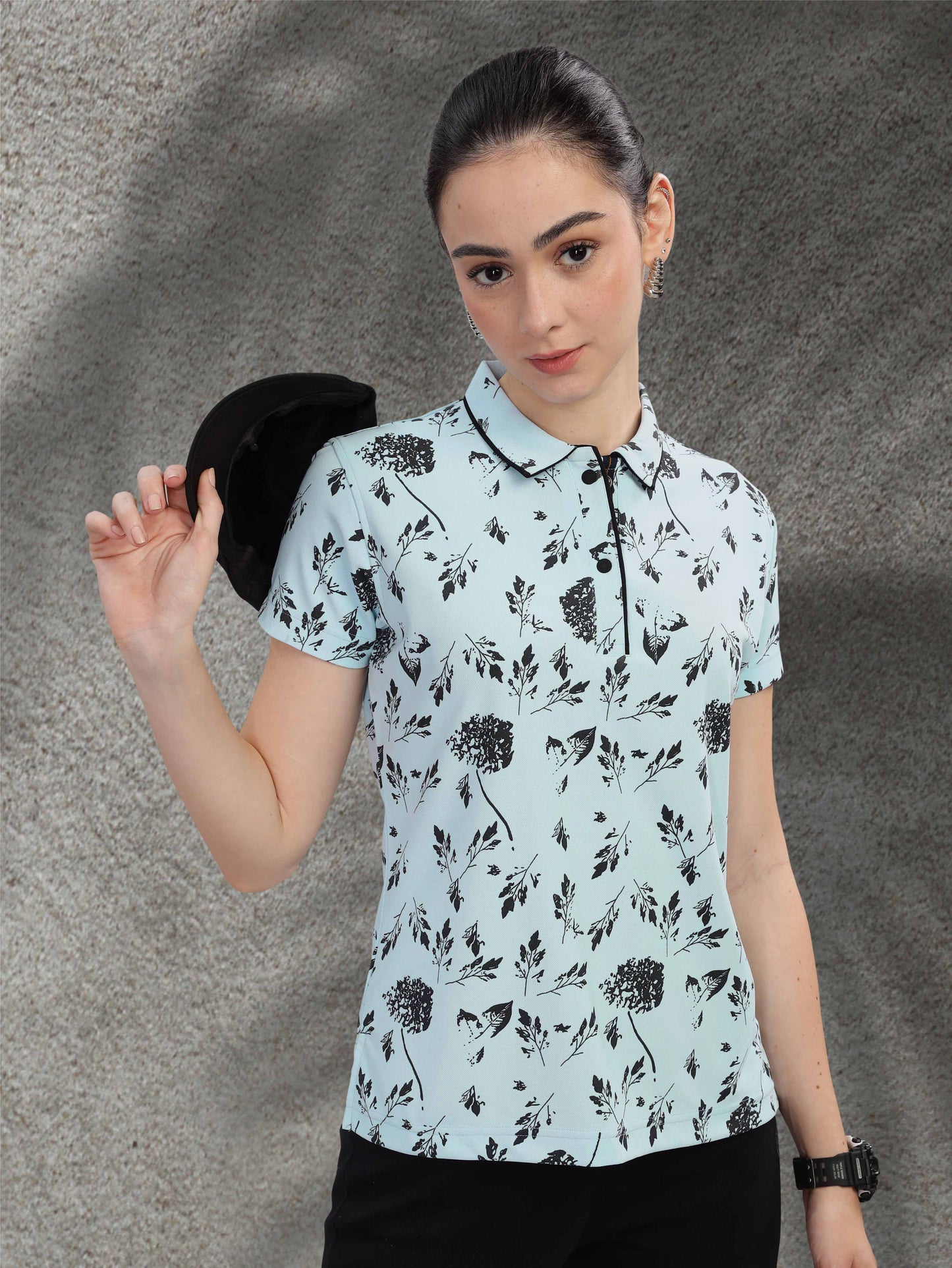 Ice Blue Women's Leaf Printed Polo shirts