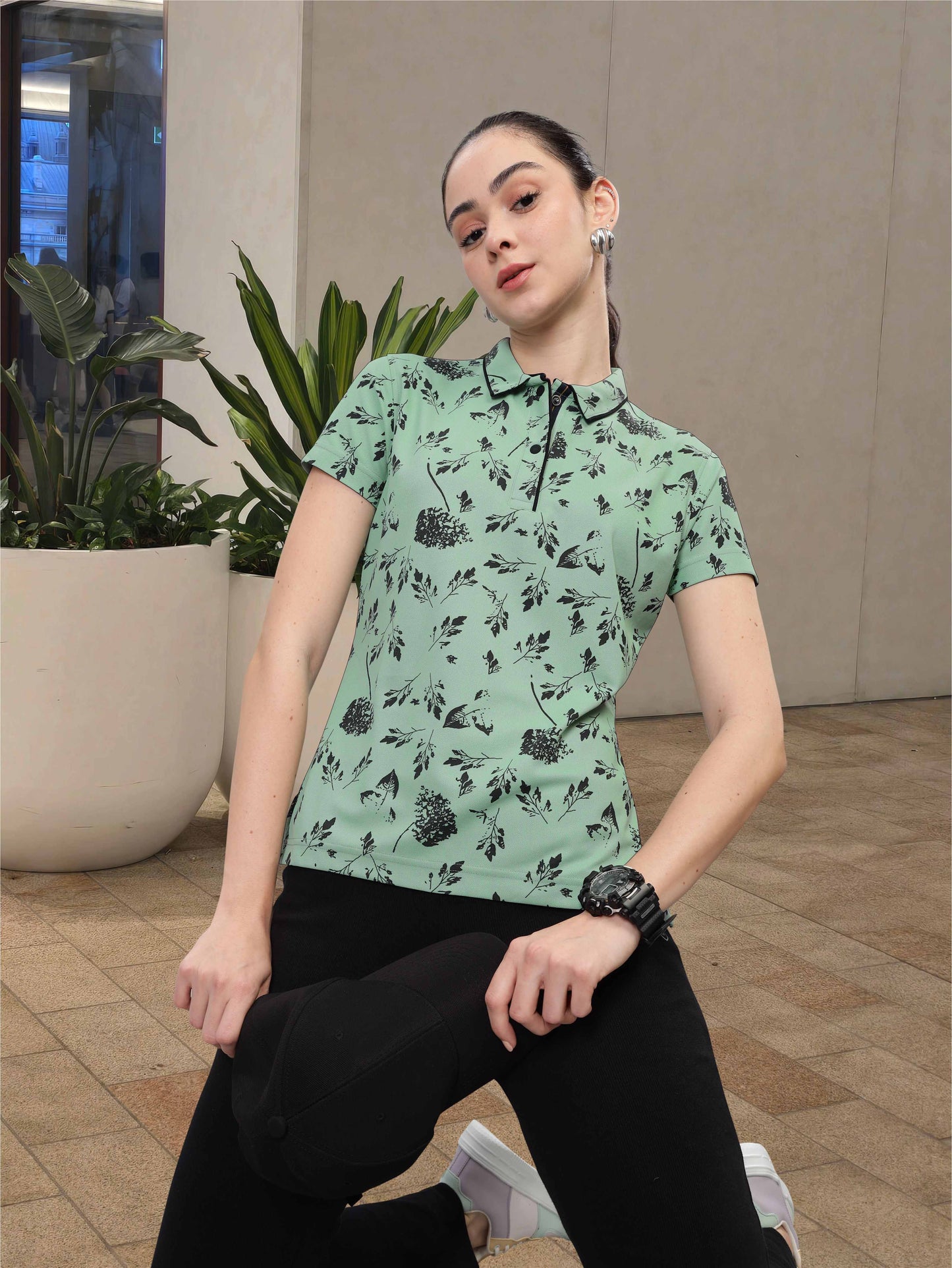 Misty Green Women's Leaf Printed Polo shirts