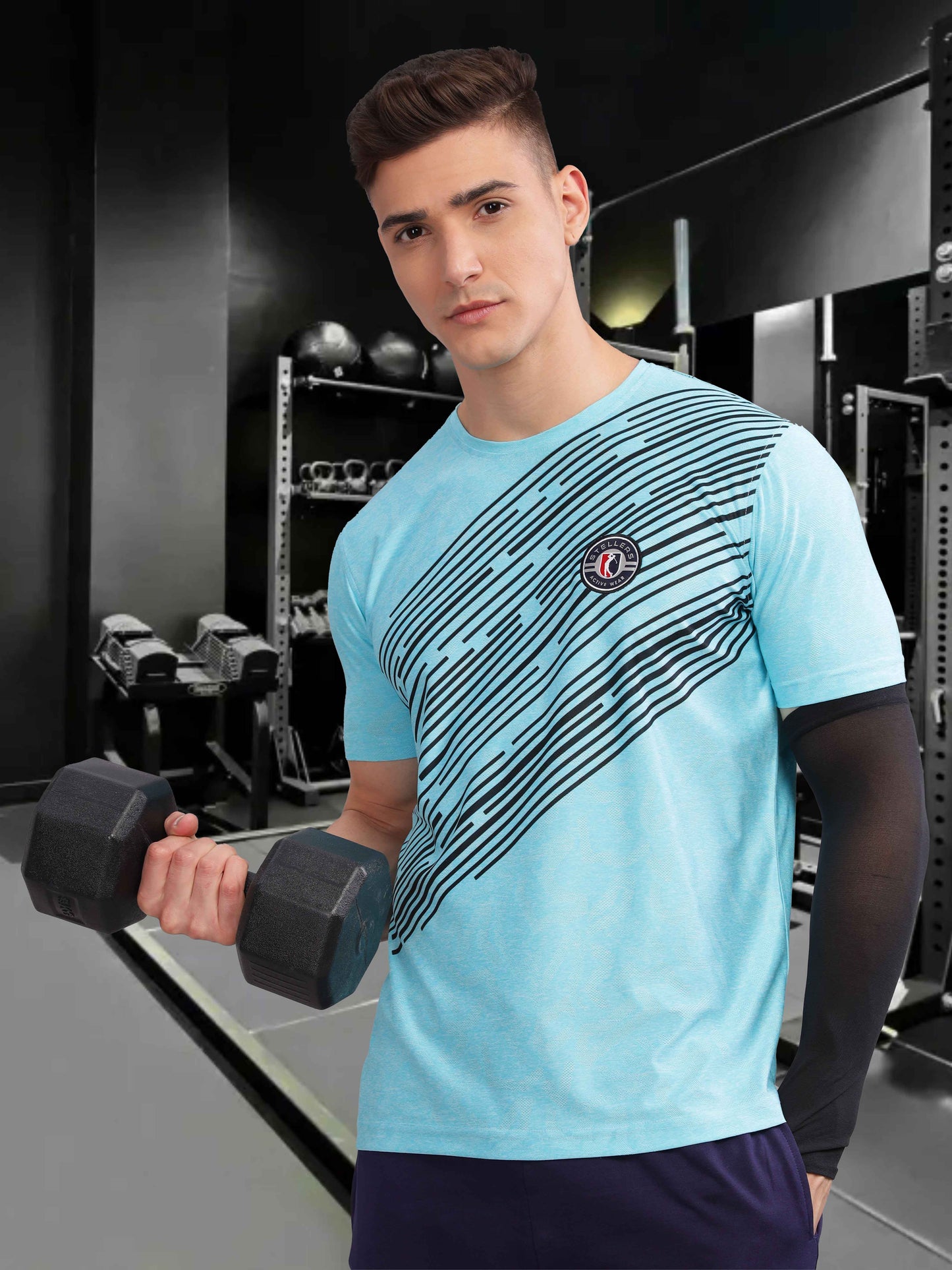 Turquoise Mens Printed Round Neck Active Wear