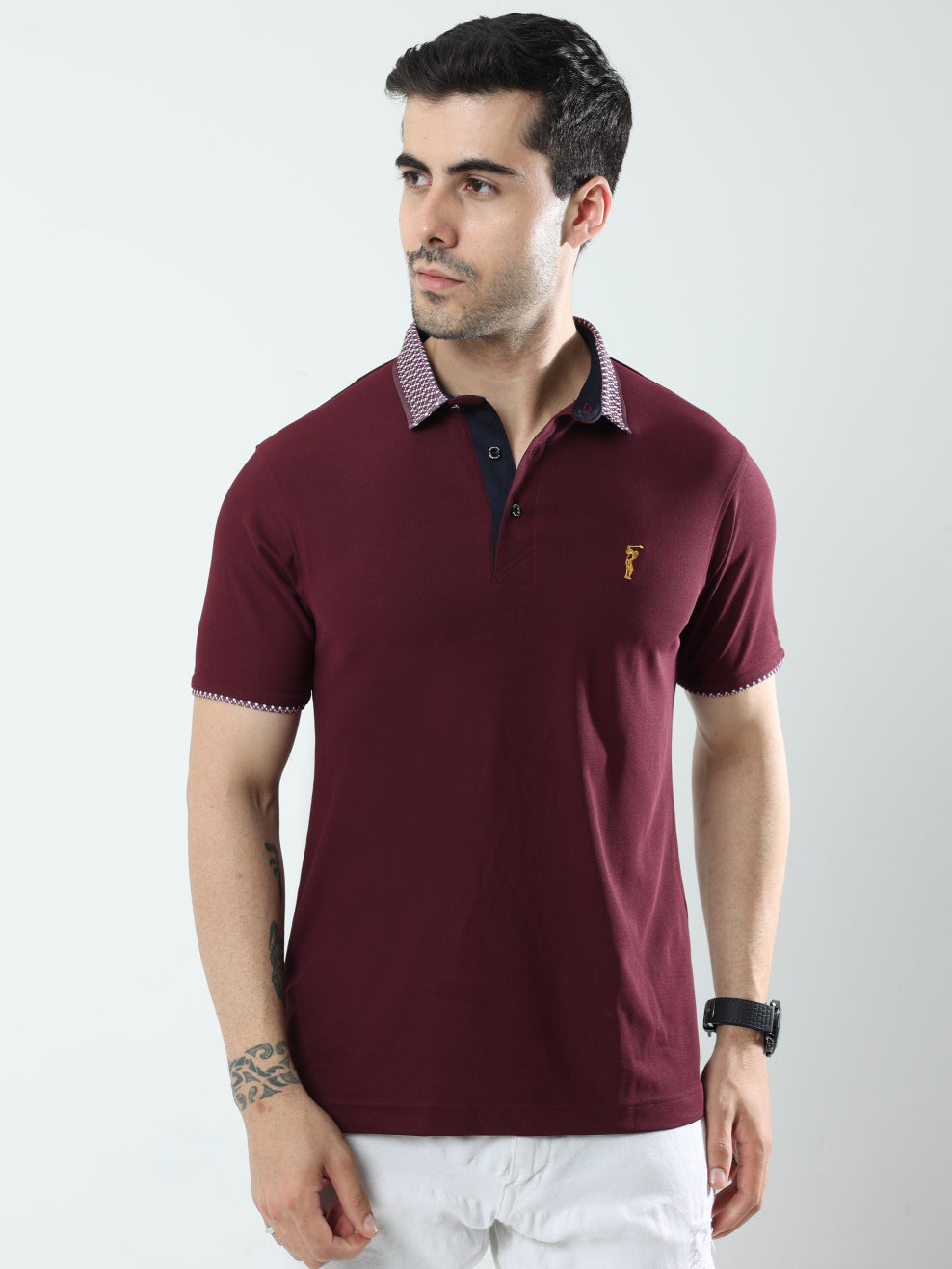 Wine Jacquard Collar Polo T-Shirt