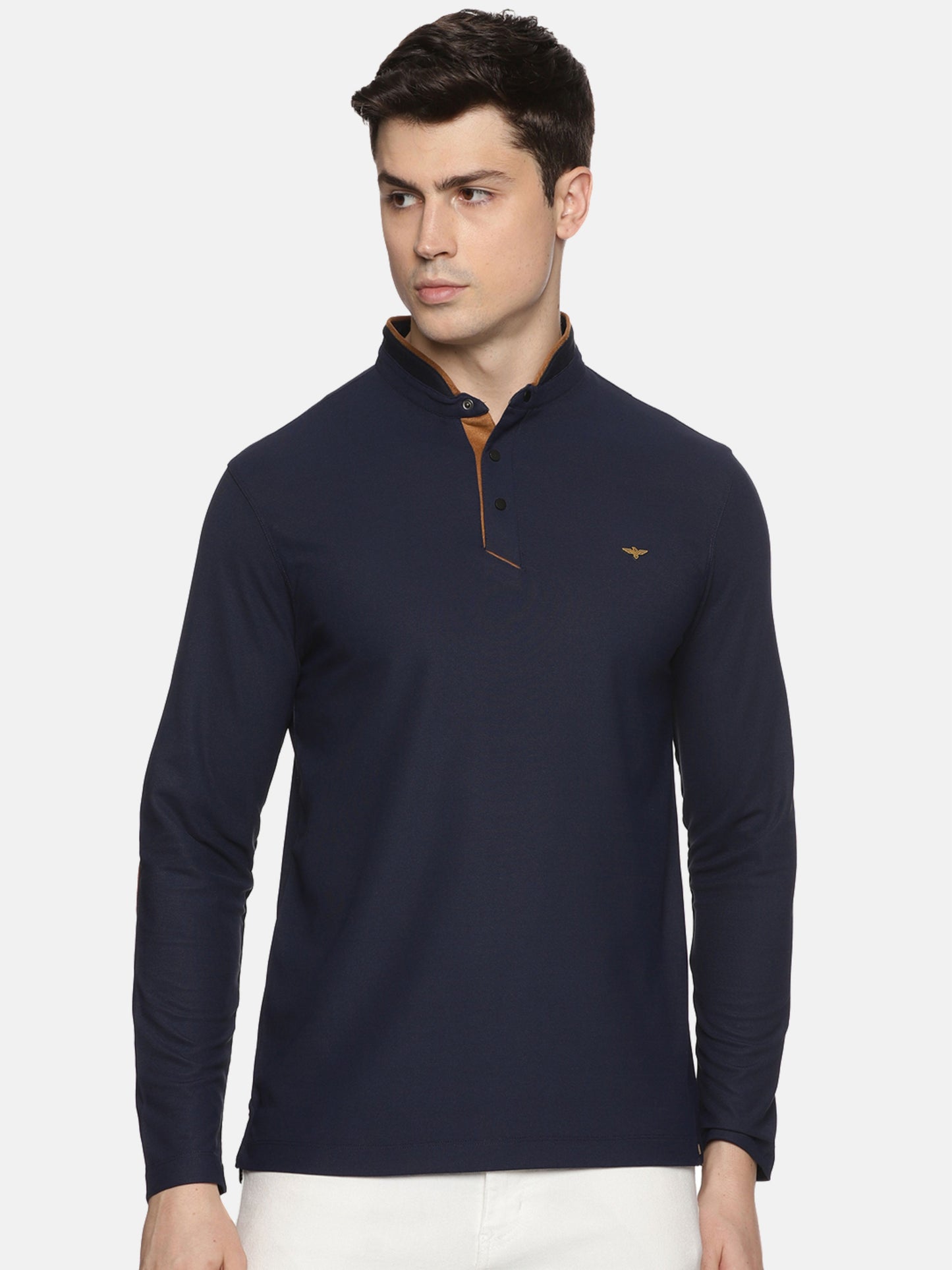 Navy Blue Henley Full Sleeve Snap Button T-Shirt