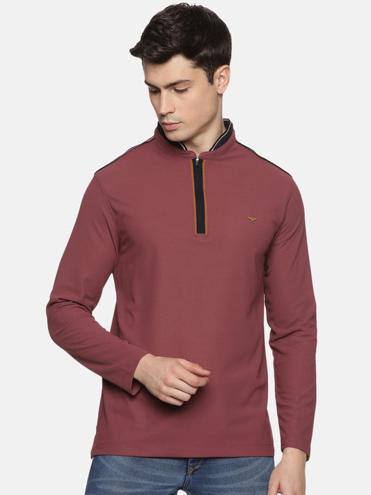 Mauve Henley Full Sleeve Zipper T-Shirt