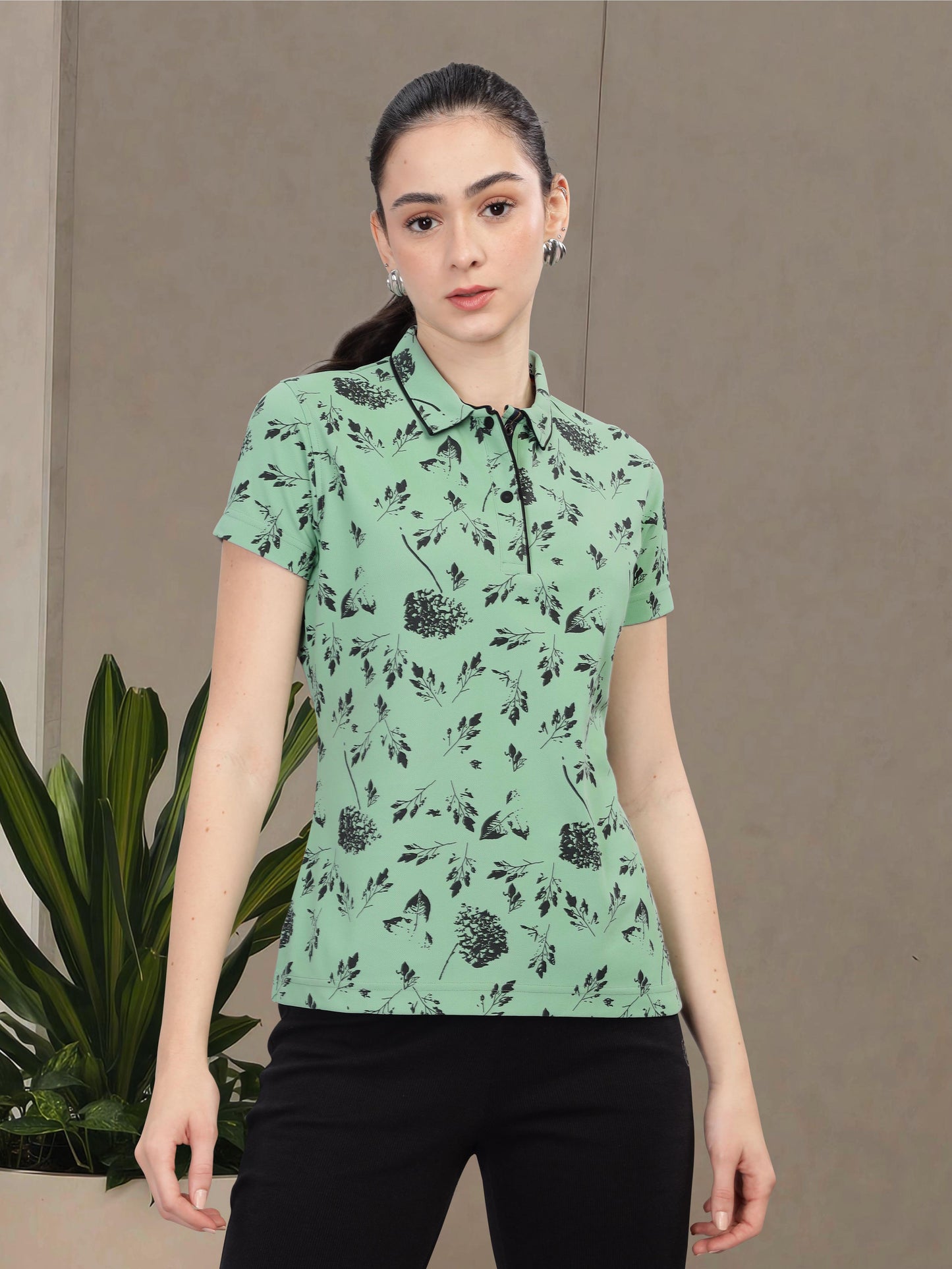 Misty Green Women's Leaf Printed Polo shirts