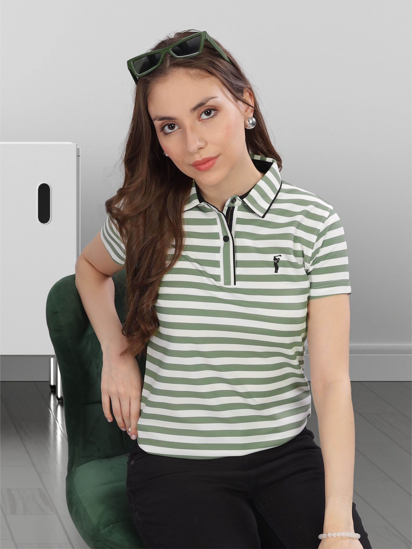 Green Women's Stripes Polos