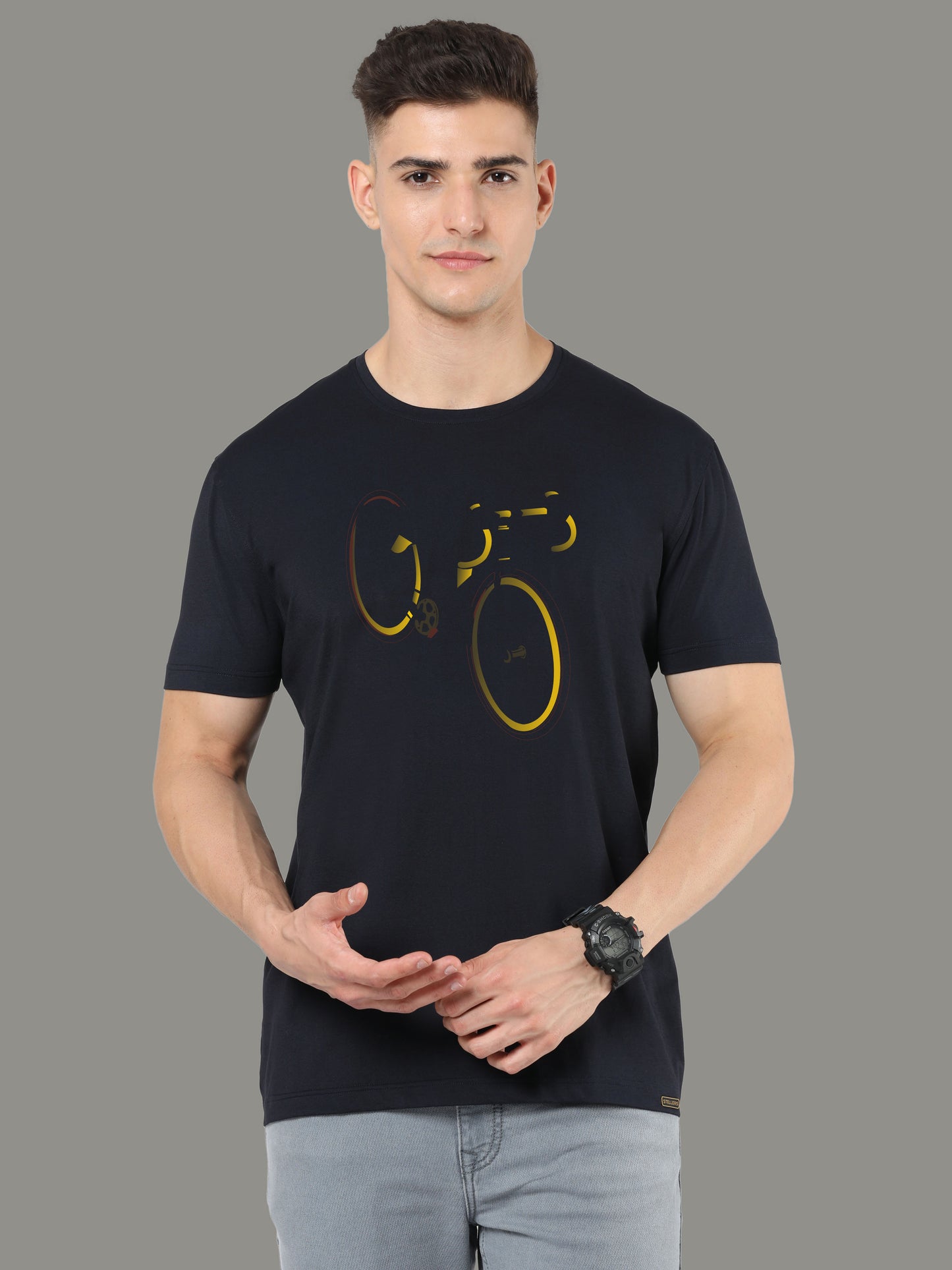 Black Cycle Print Crew Neck Tees