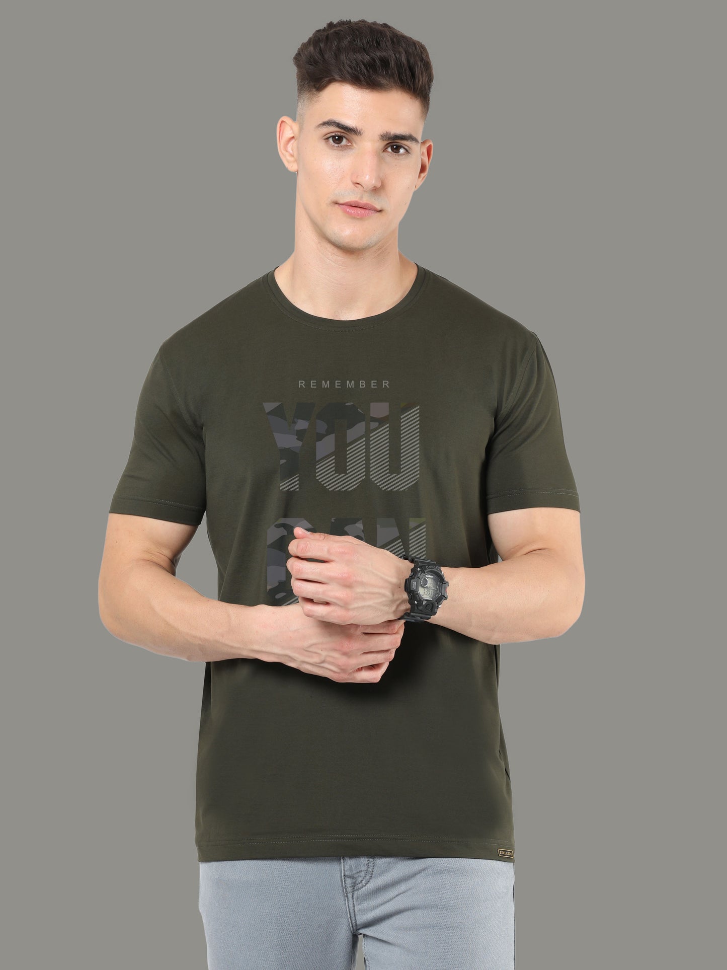 Olive Green-YOU CAN Print Crew Neck Tees