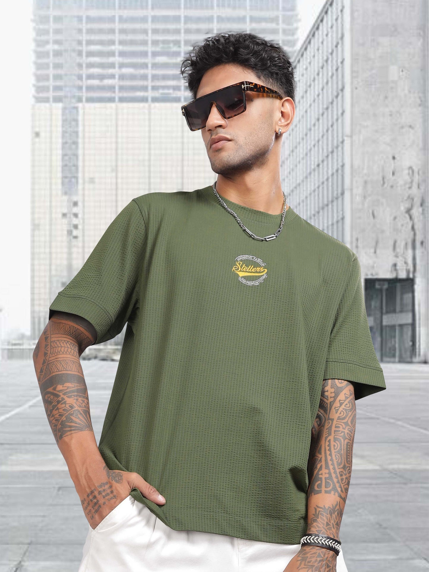 STELLERS Men's Oversized Printed T-Shi-T-Shirts-Olive Green