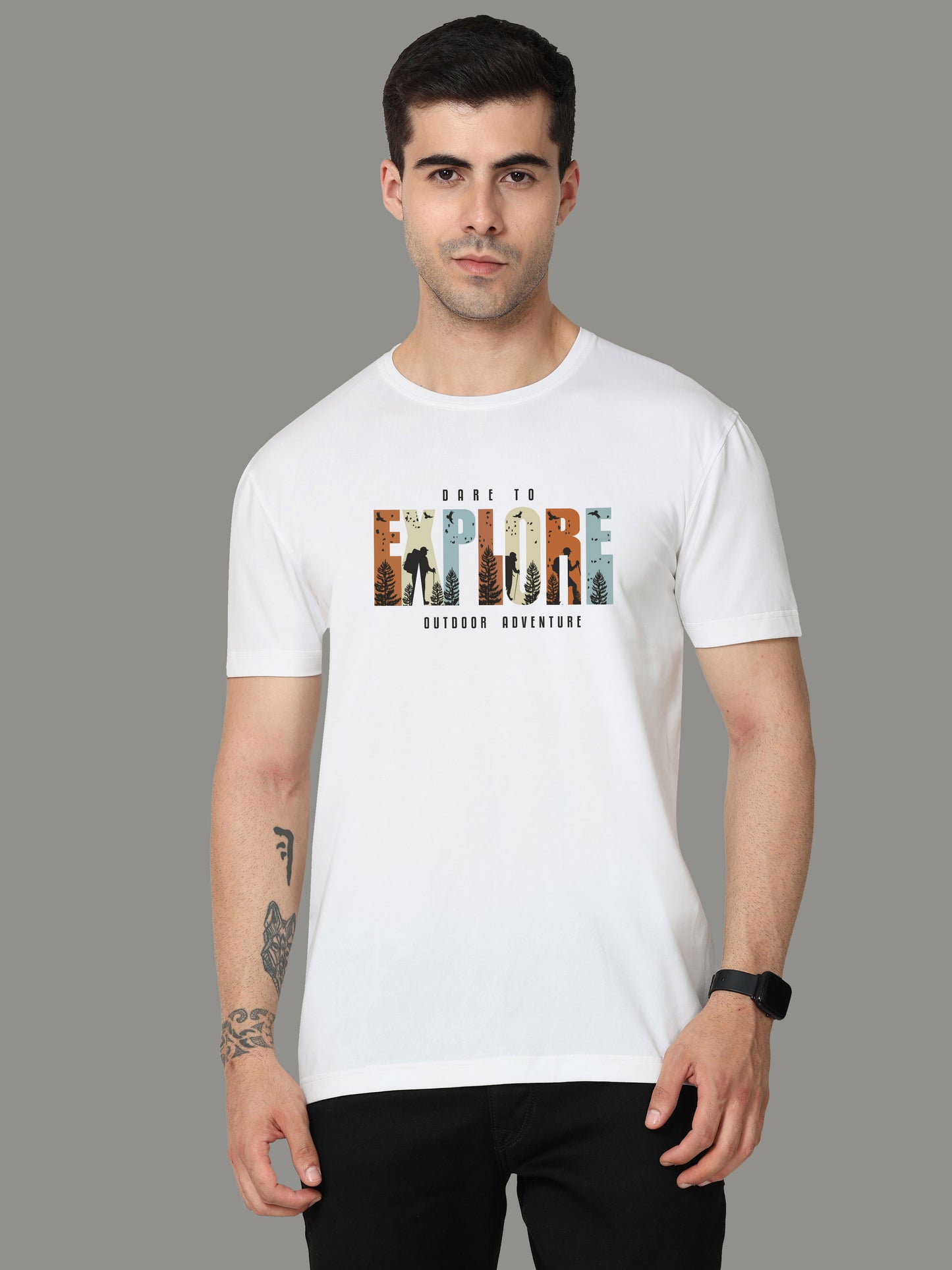 White-EXPLORE Print Crew Neck Tees