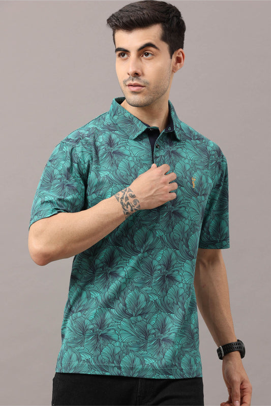 Siemens Green Floral Print Golf Polo T-Shirts