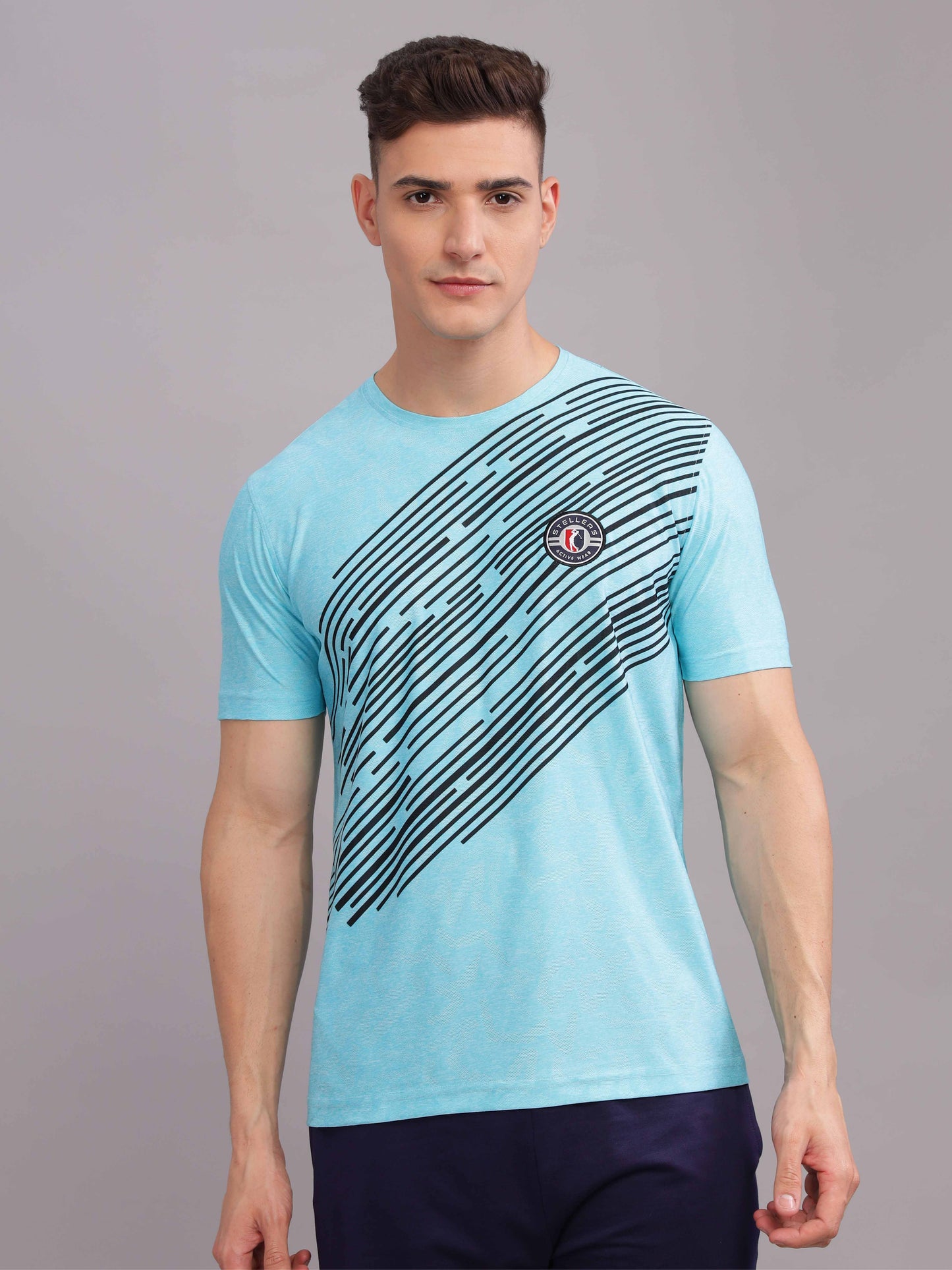 Turquoise Mens Printed Round Neck Active Wear