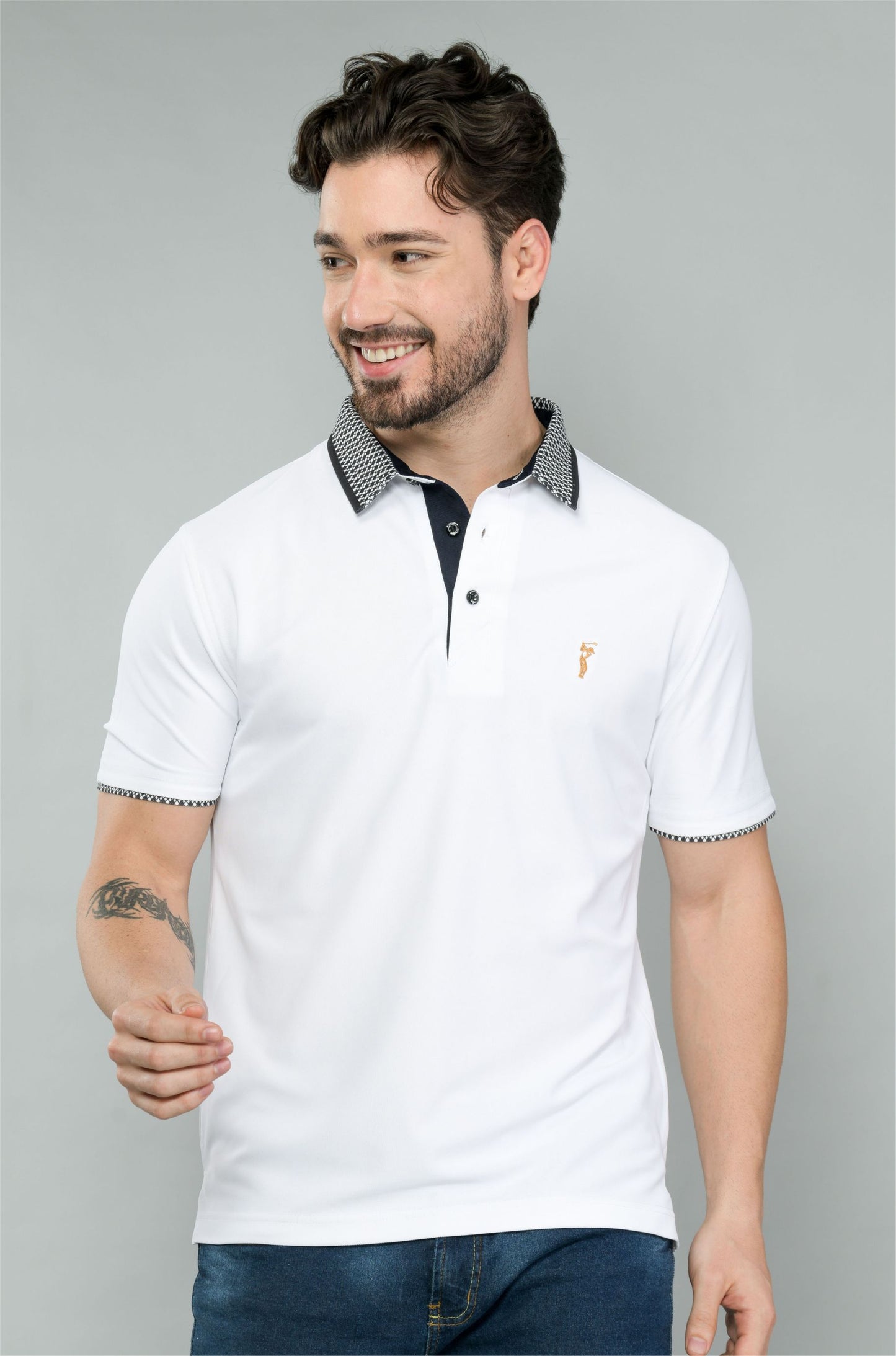 White Jacquard Collar Polo T-Shirt