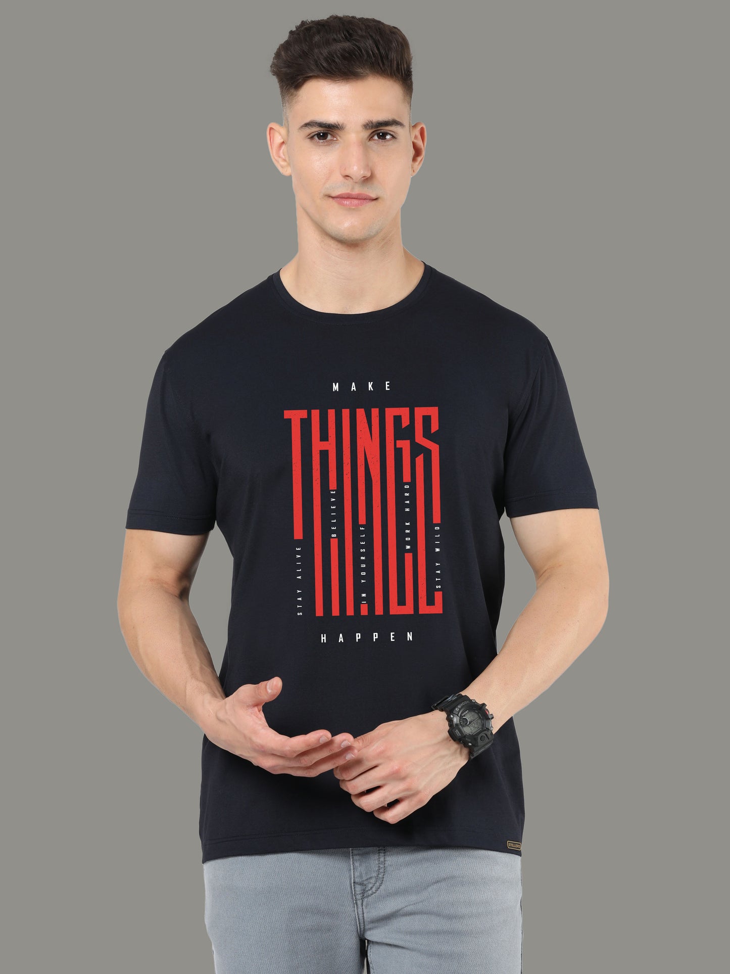 Black MAKE THINGS Print Crew Neck Tees