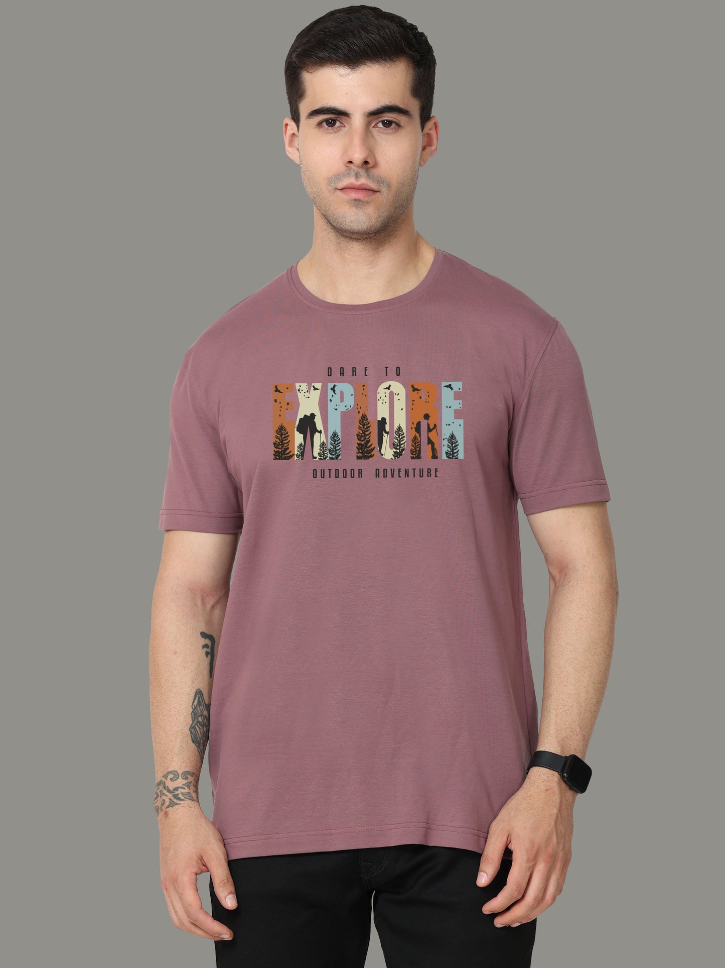 Mauve Explore Print Crew Neck Tees