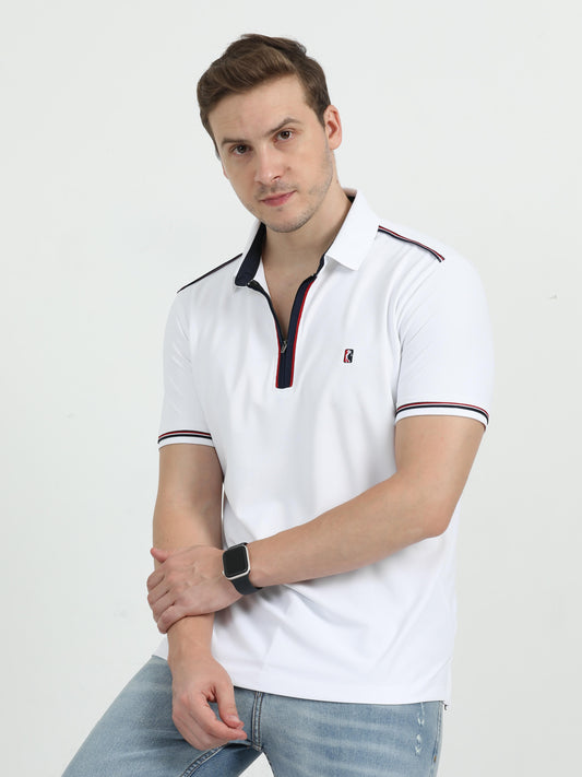 White Zipper Placket Polo T-Shirt