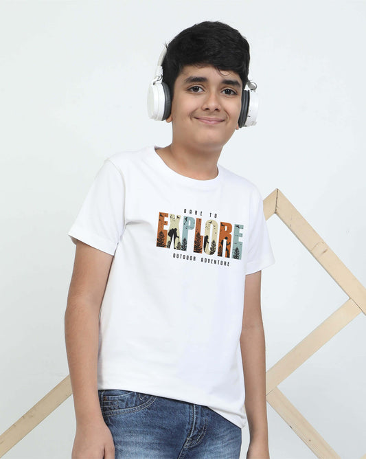 White Explore Print Crew Neck T-Shirt