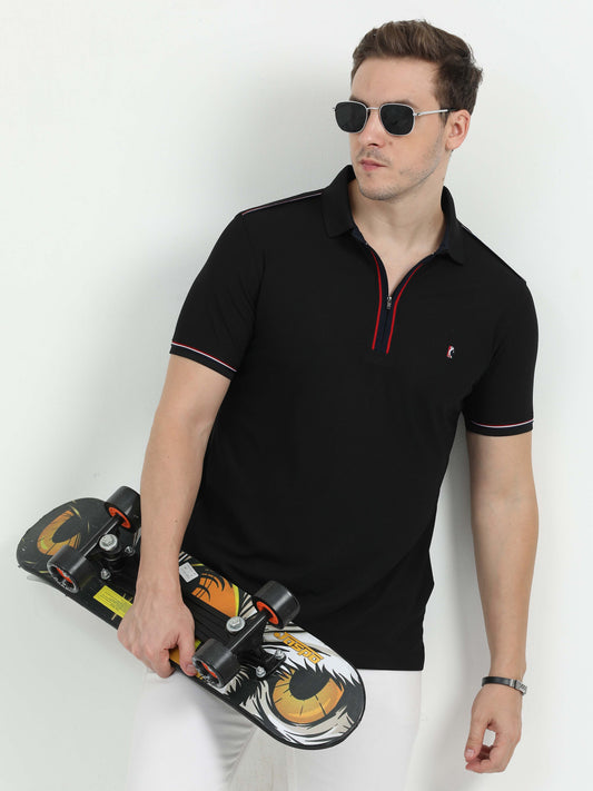 Black Zipper Placket Polo T-Shirt