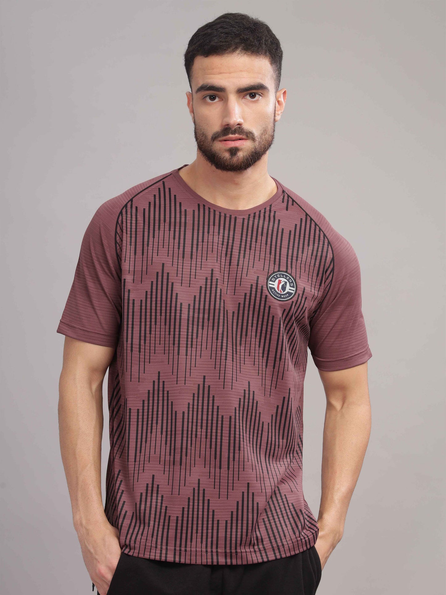 Mauve Mens Printed Round Neck Active Wear