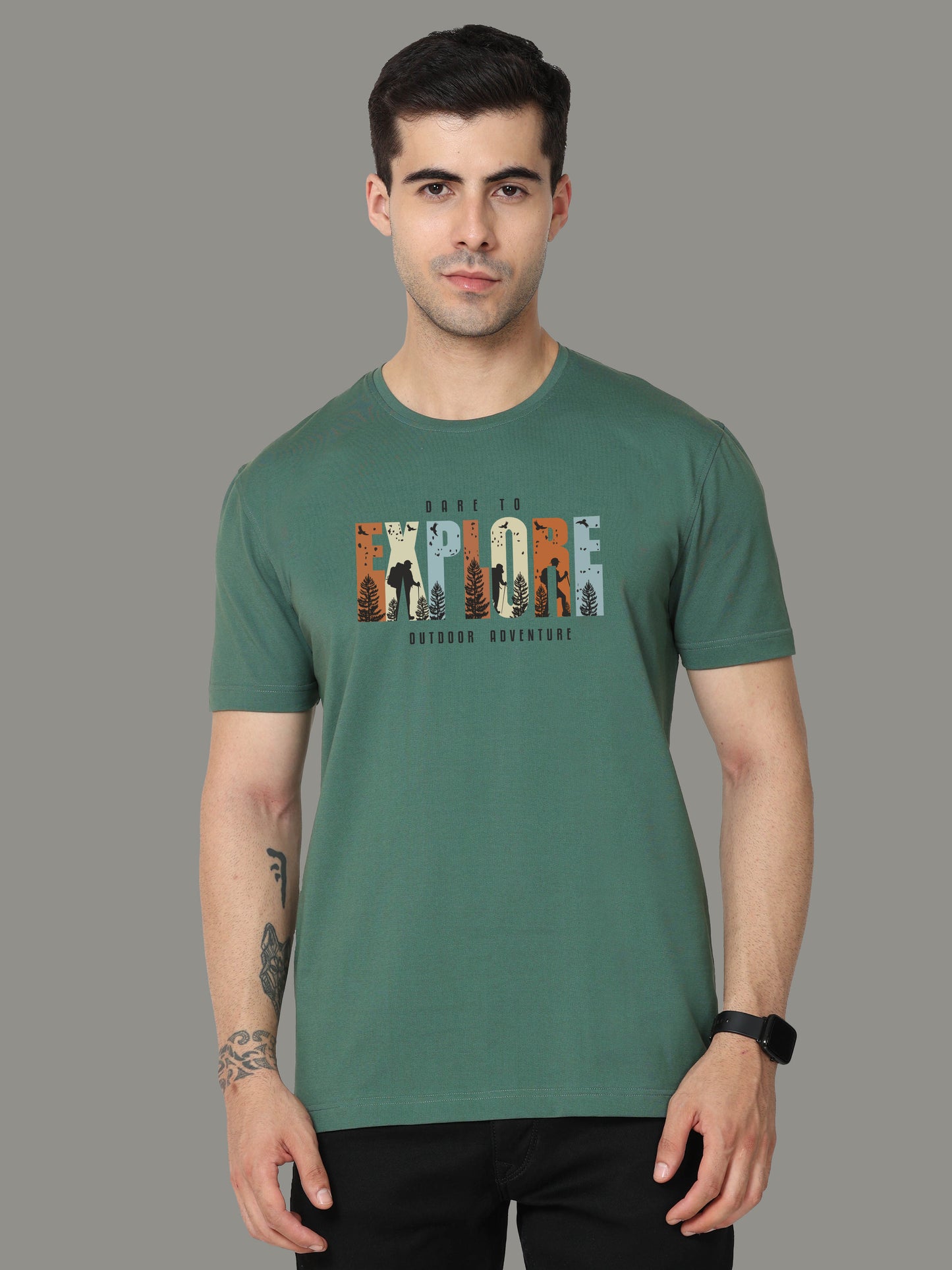 Aqua Green-EXPLORE Print Crew Neck Tees