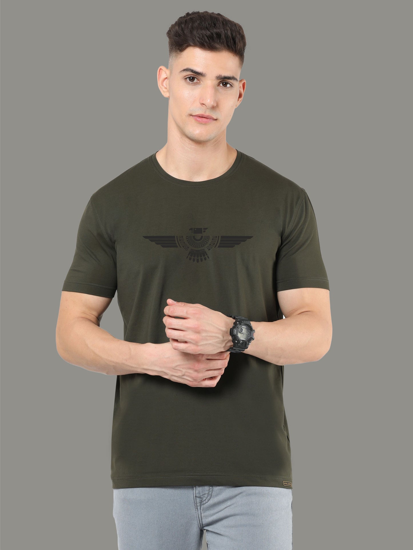 Olive Green Crew Neck T-Shirts Tribal