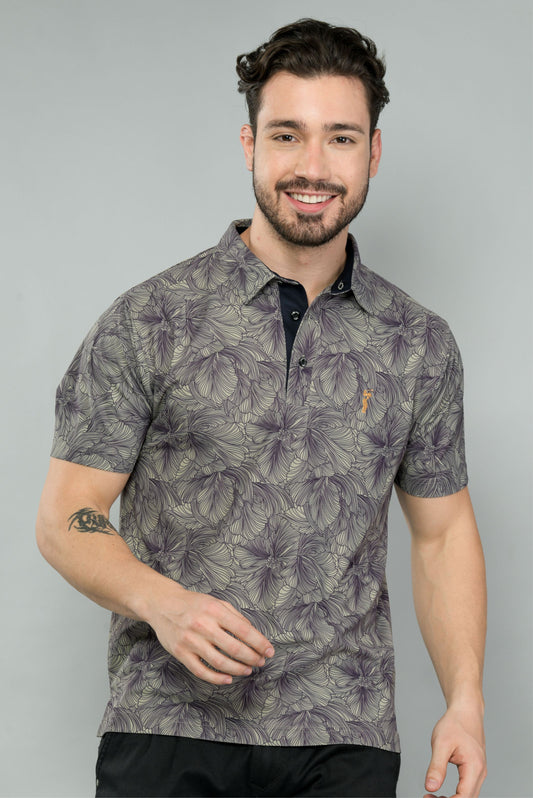 Moose Grey Floral Print Golf Polo T-Shirts