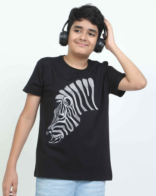 Zebra Embroidery Crew Neck T-Shirt -Black