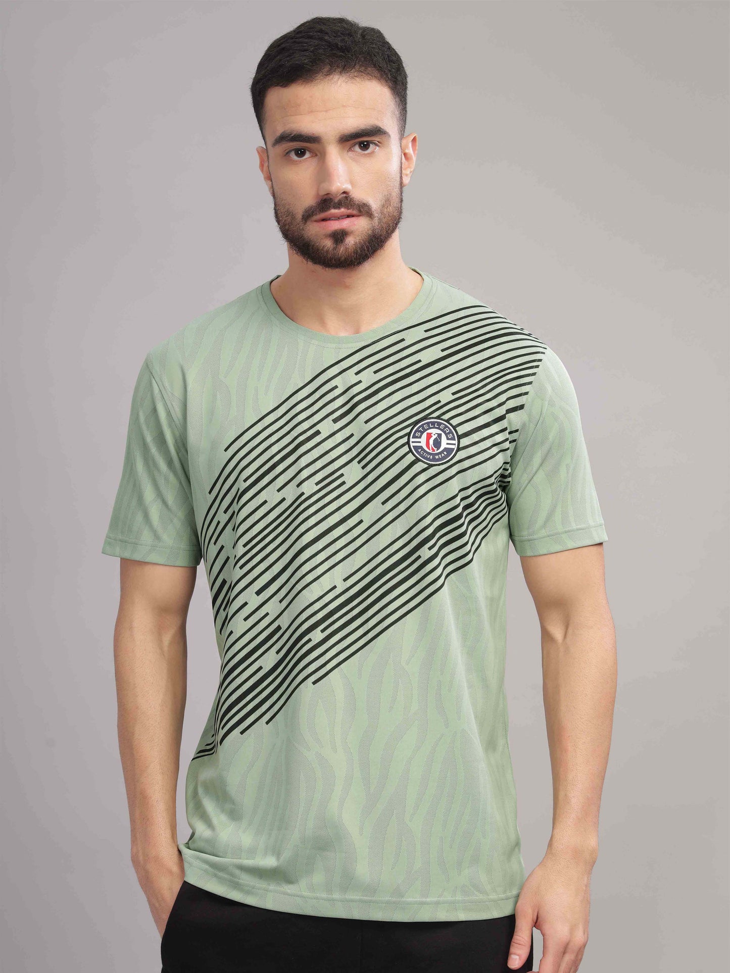 Green Mens Printed Round Neck Active Wear