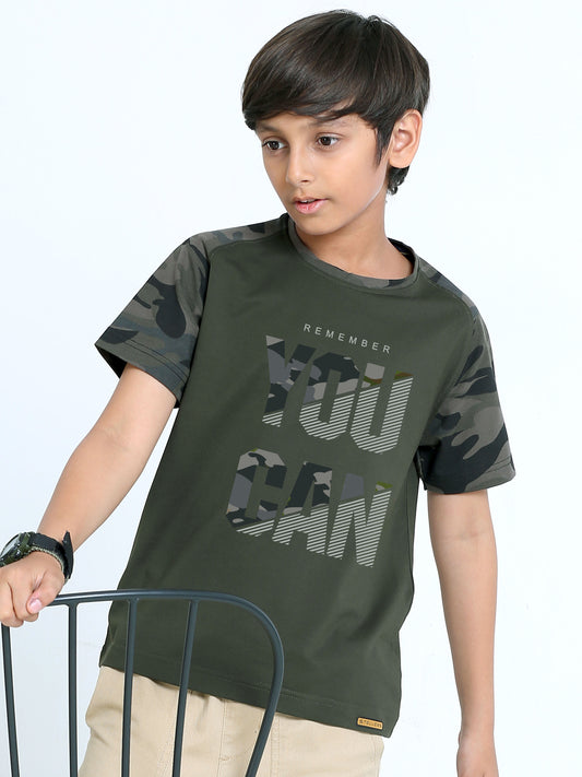 Olive Green YOU CAN Print Crew Neck T-Shirt