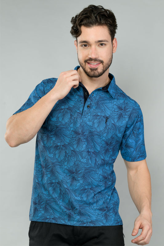 Dresden Blue Floral Print Golf Polo T-Shirts