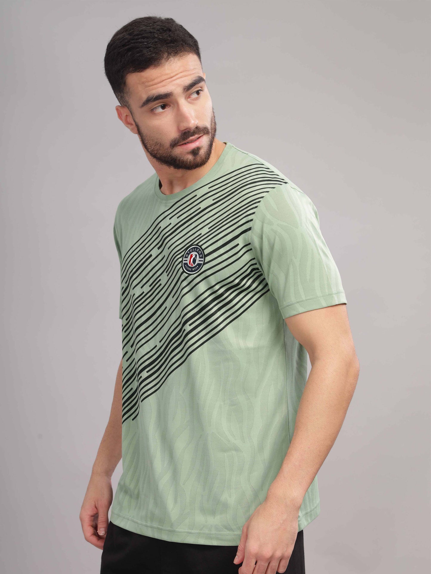 Green Mens Printed Round Neck Active Wear