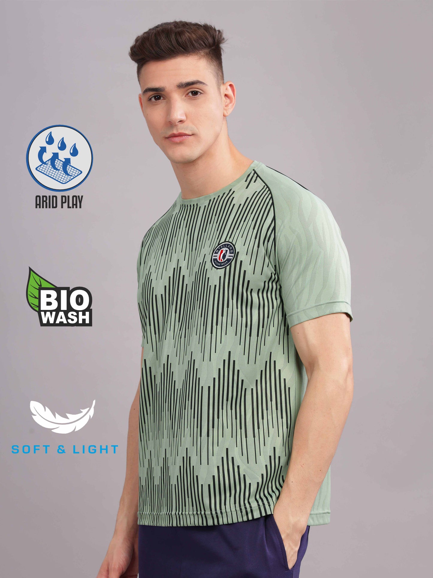 Misty Green Mens Printed Round Neck Active Wear