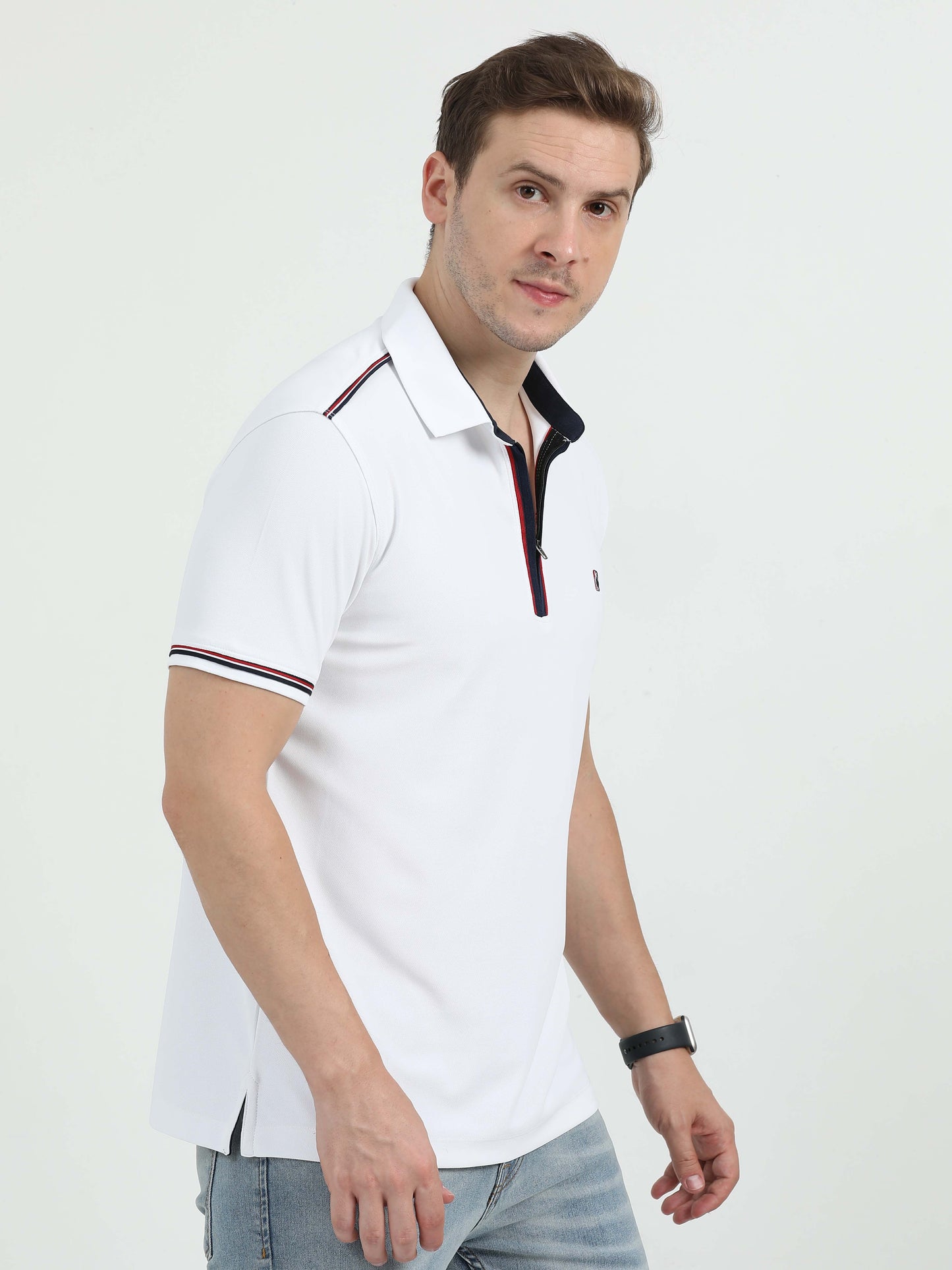 White Zipper Placket Polo T-Shirt