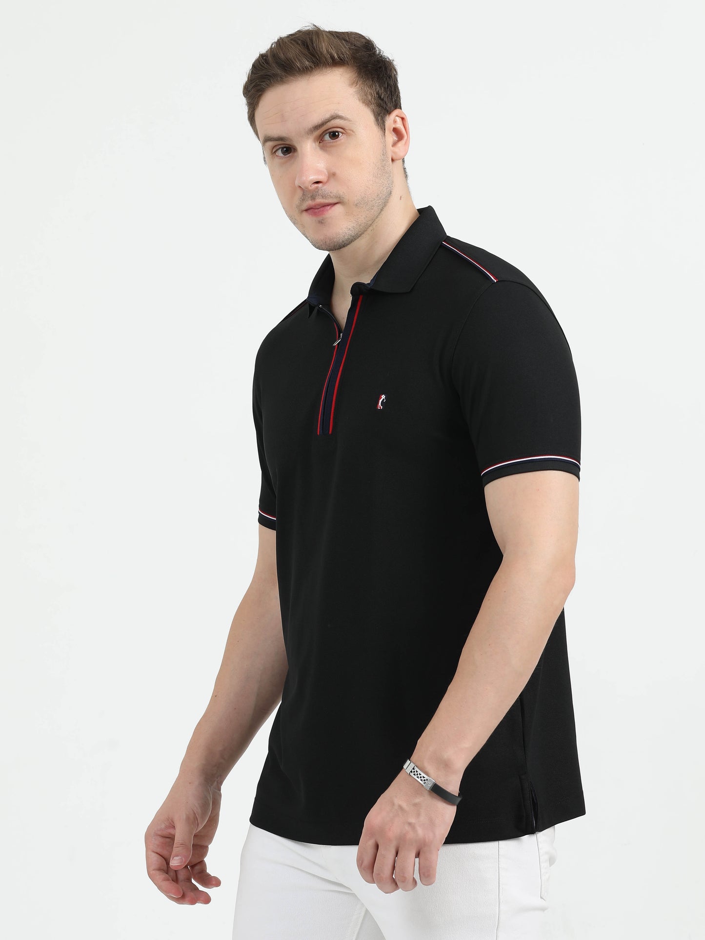 Black Zipper Placket Polo T-Shirt