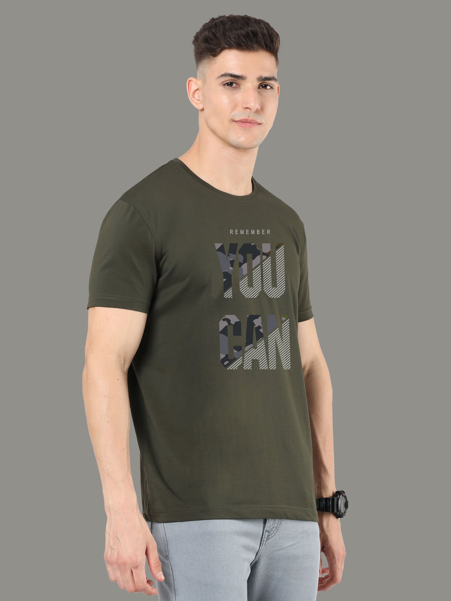 Olive Green-YOU CAN Print Crew Neck Tees