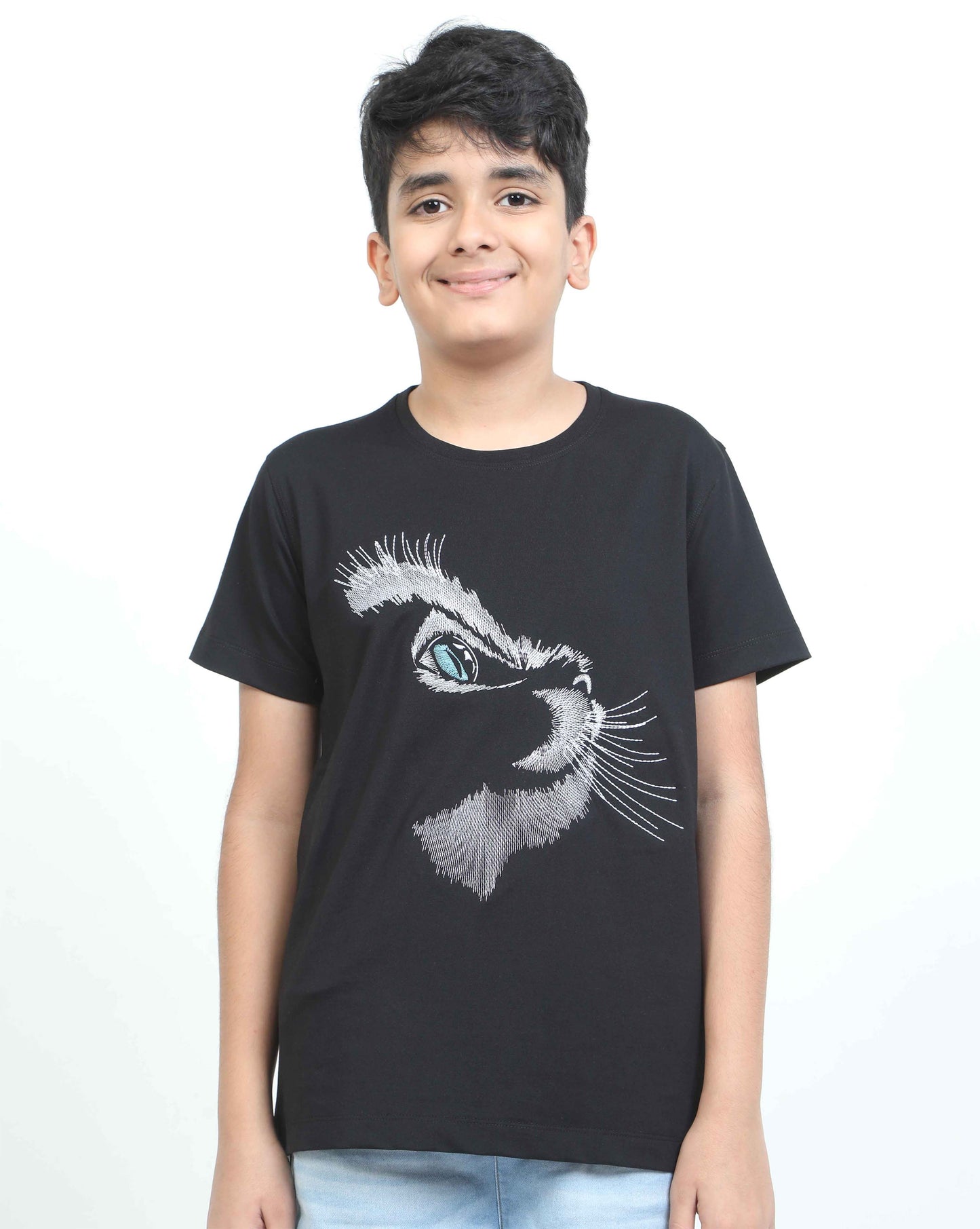 Cat Embroidery Crew Neck T-Shirt -Black