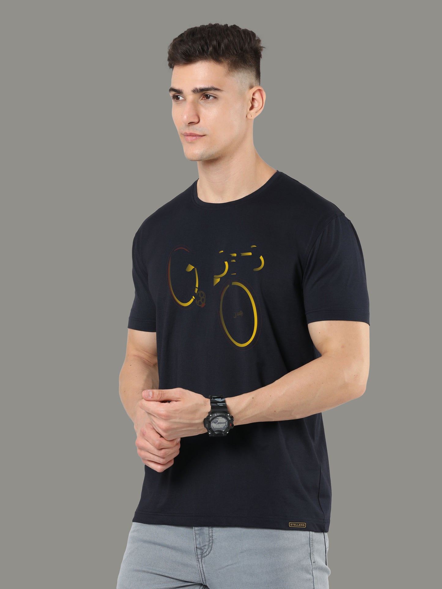 Black Cycle Print Crew Neck Tees