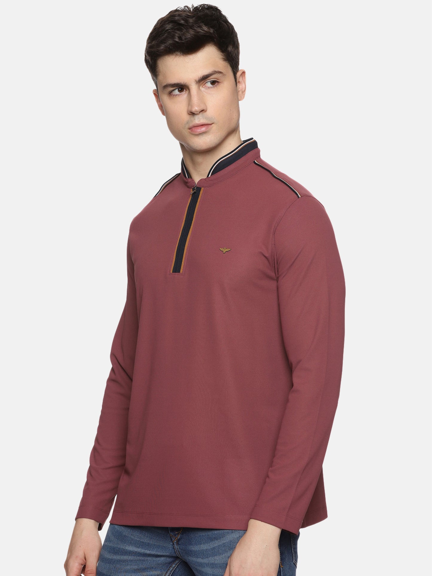 Mauve Henley Full Sleeve Zipper T-Shirt