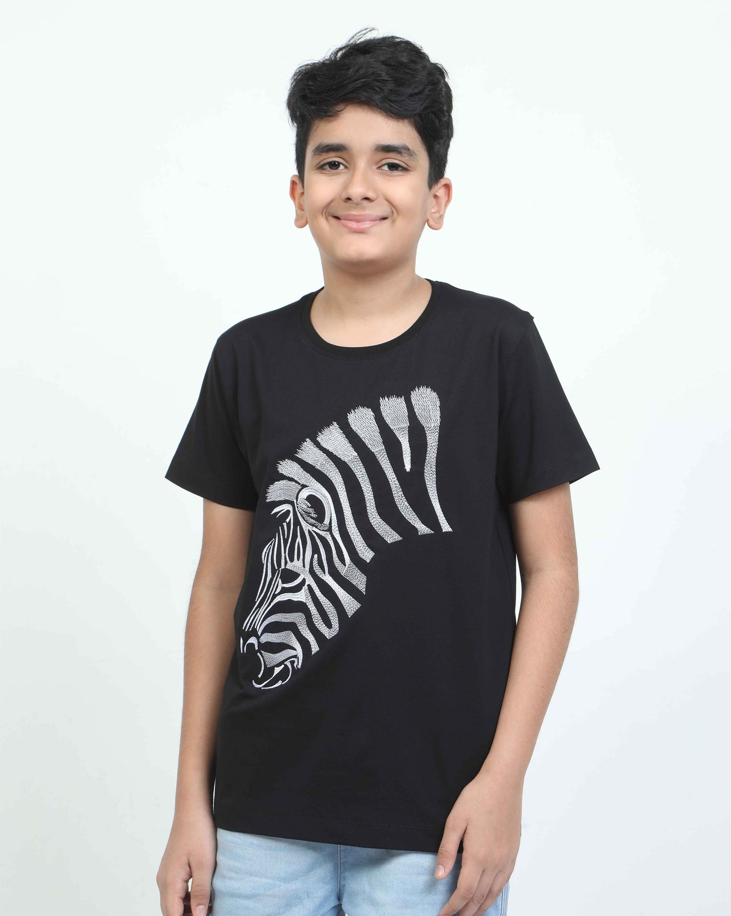 Zebra Embroidery Crew Neck T-Shirt -Black