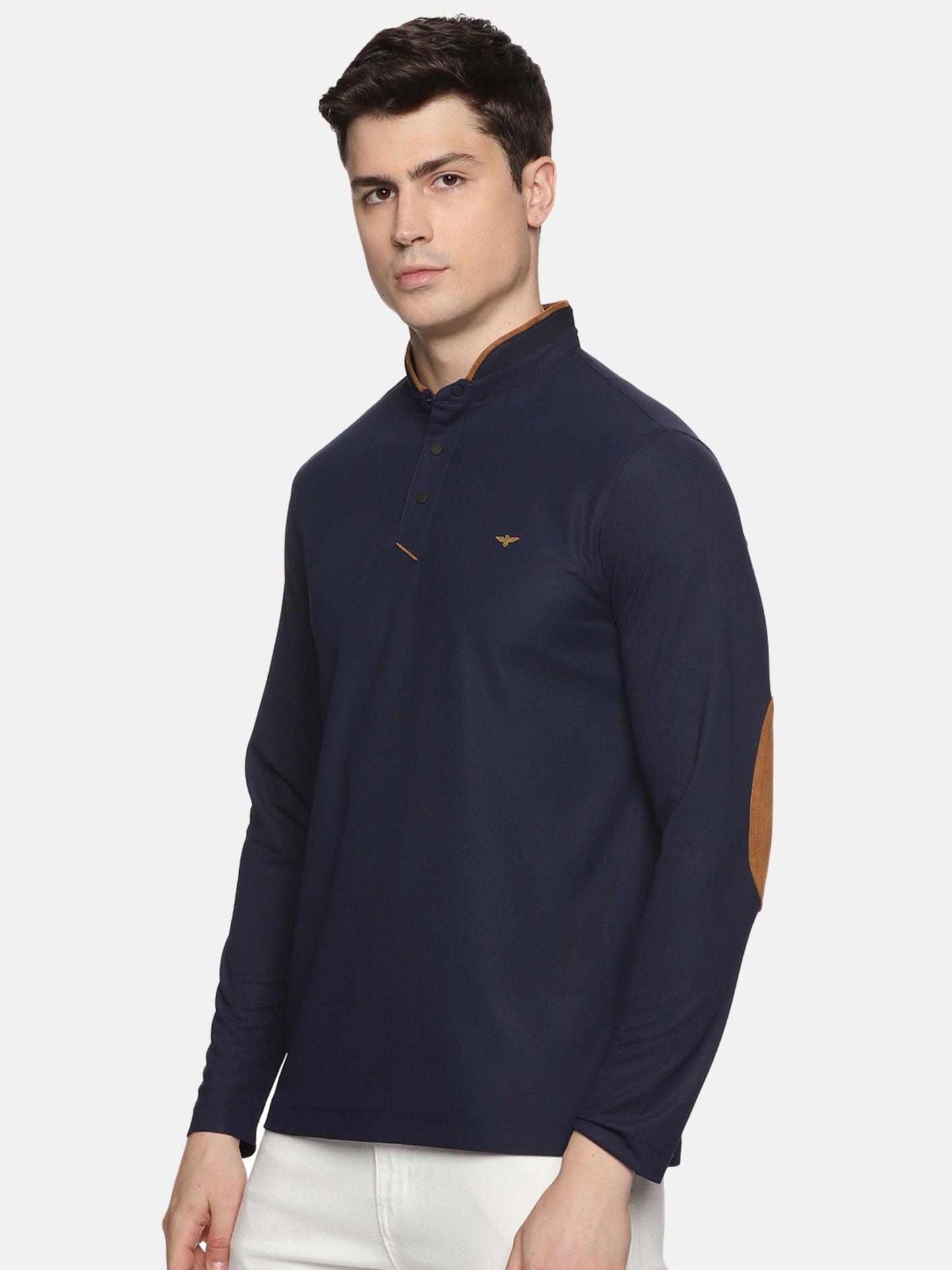 Navy Blue Henley Full Sleeve Snap Button T-Shirt