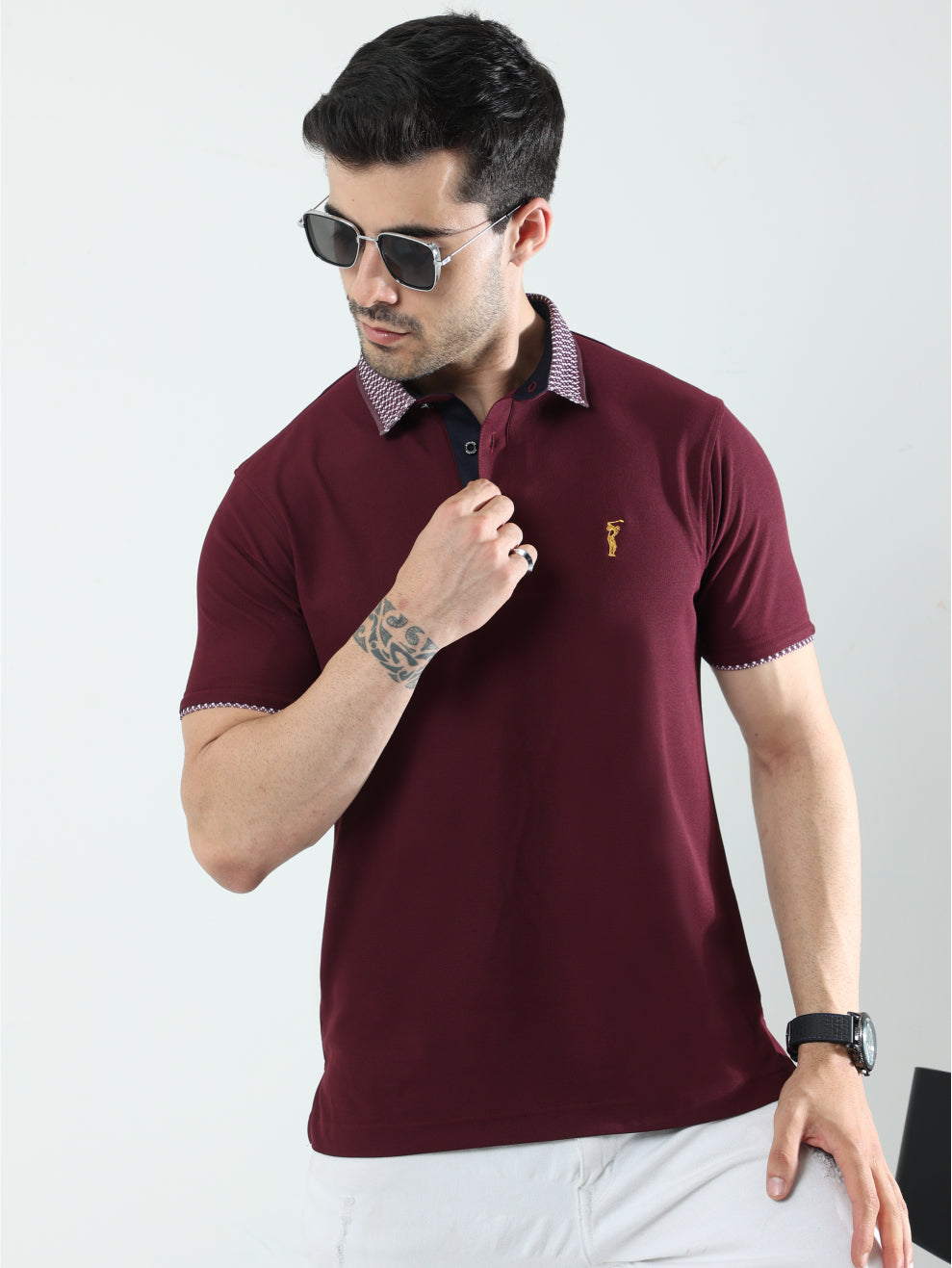 Wine Jacquard Collar Polo T-Shirt