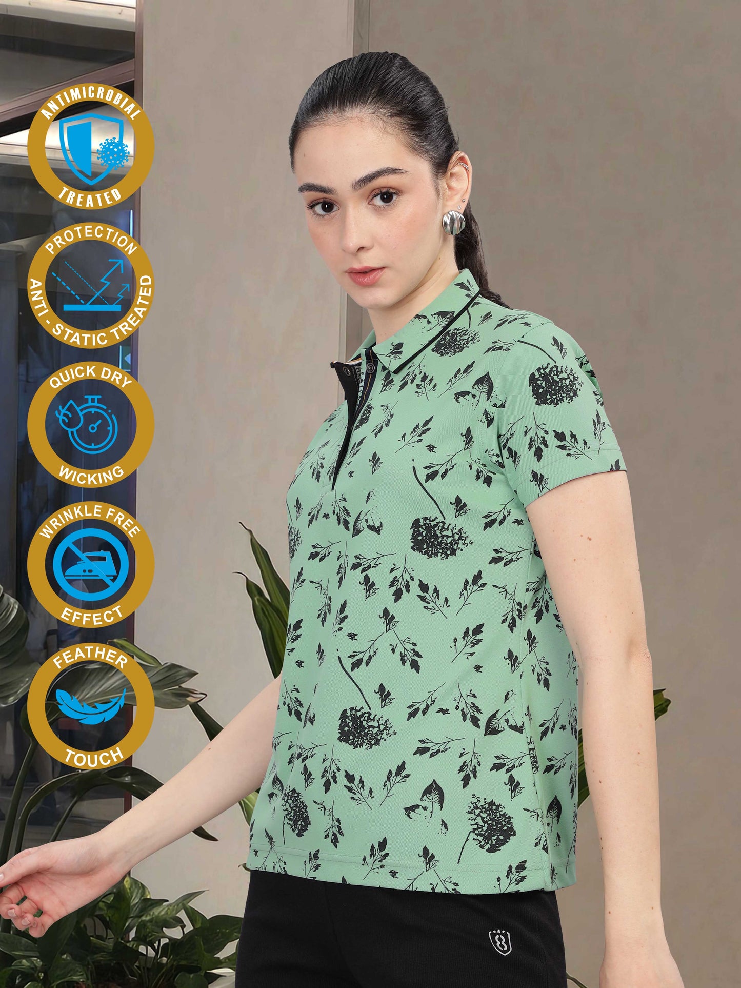 Misty Green Women's Leaf Printed Polo shirts