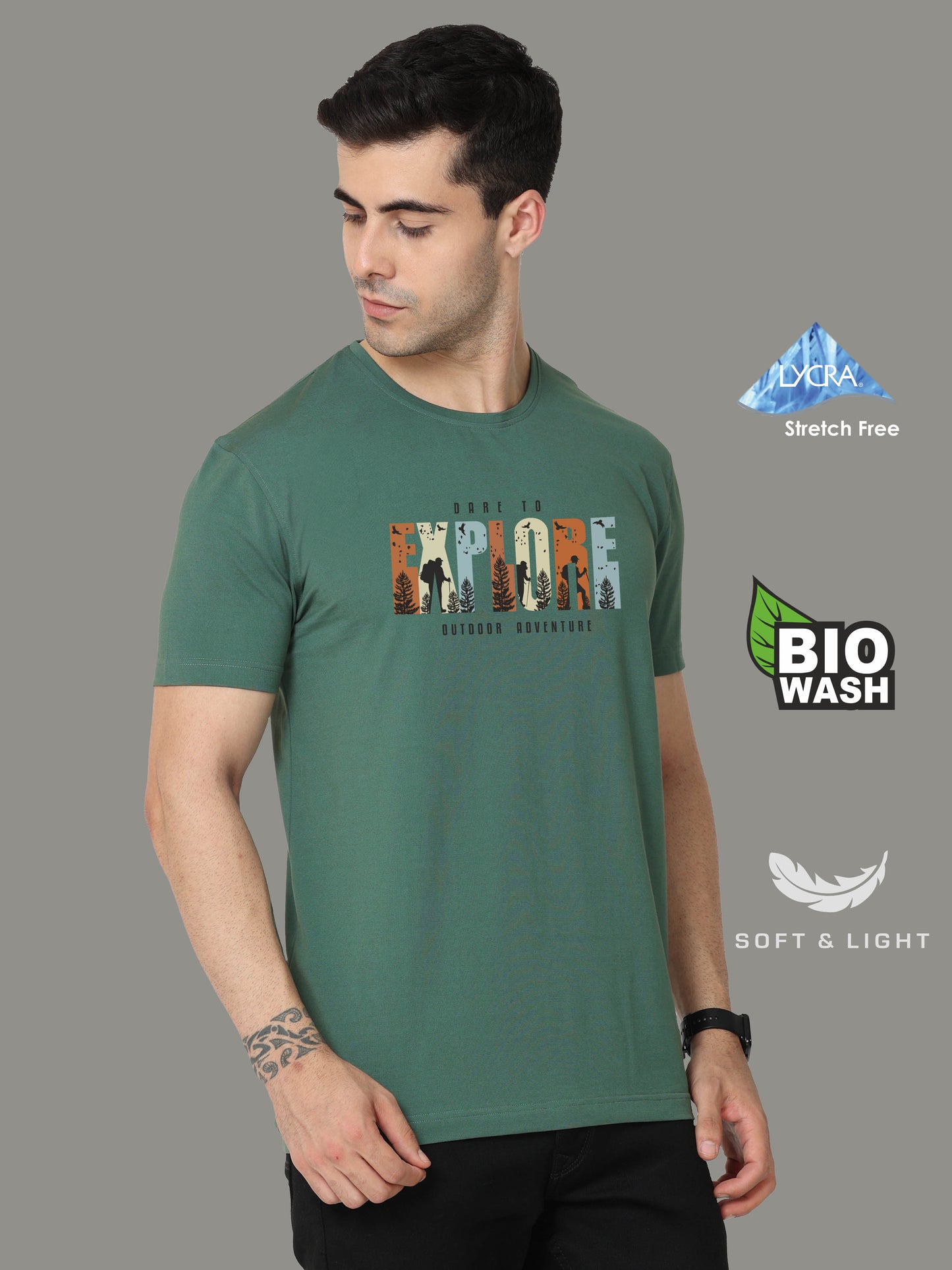 Aqua Green-EXPLORE Print Crew Neck Tees