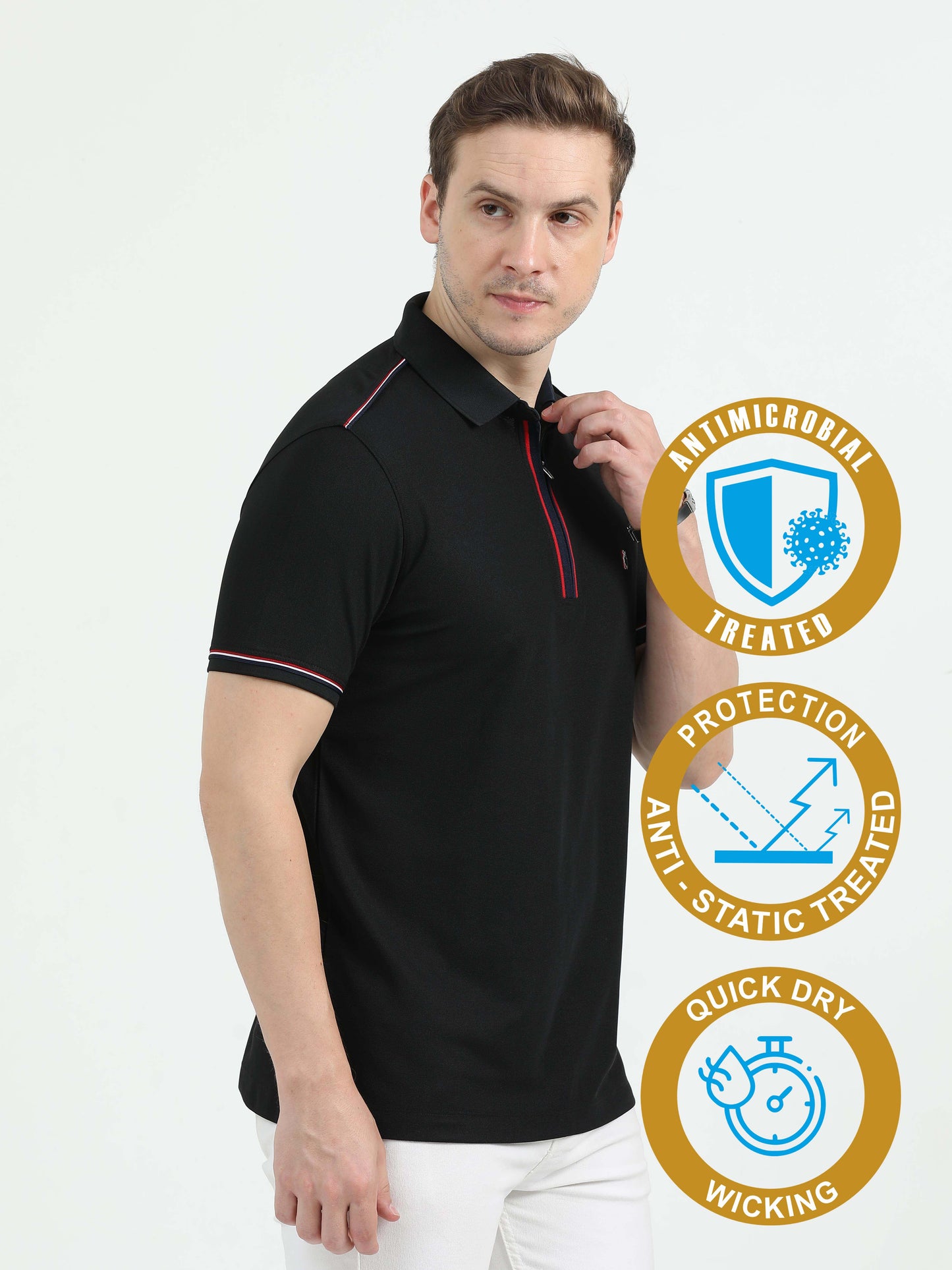 Black Zipper Placket Polo T-Shirt