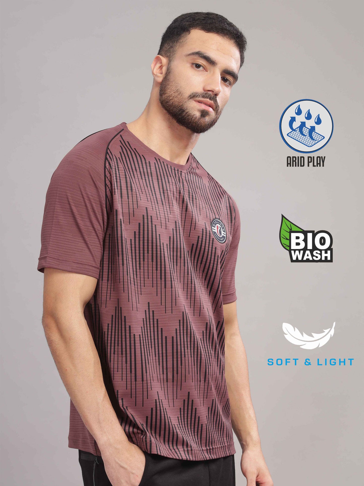 Mauve Mens Printed Round Neck Active Wear