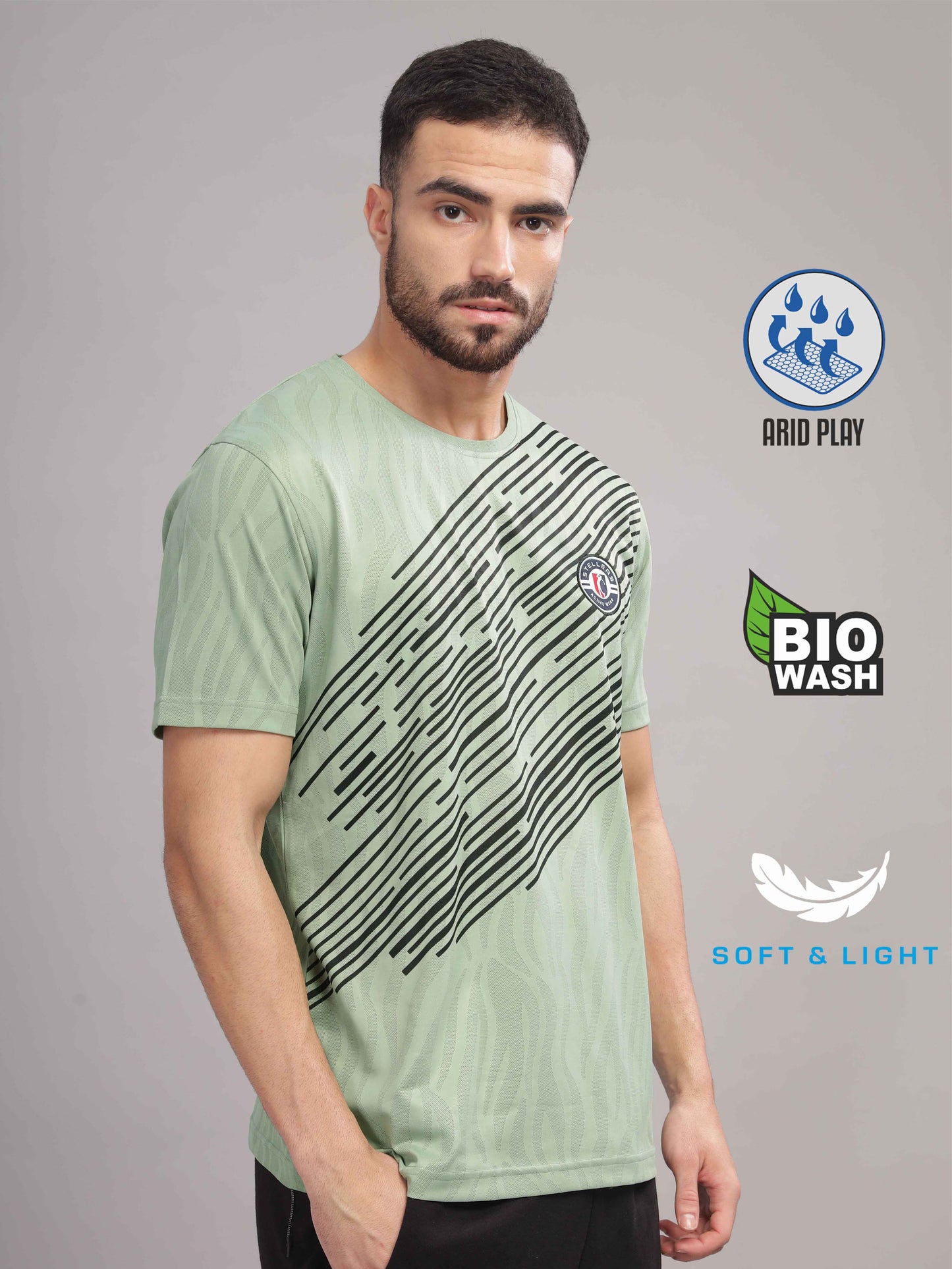 Green Mens Printed Round Neck Active Wear