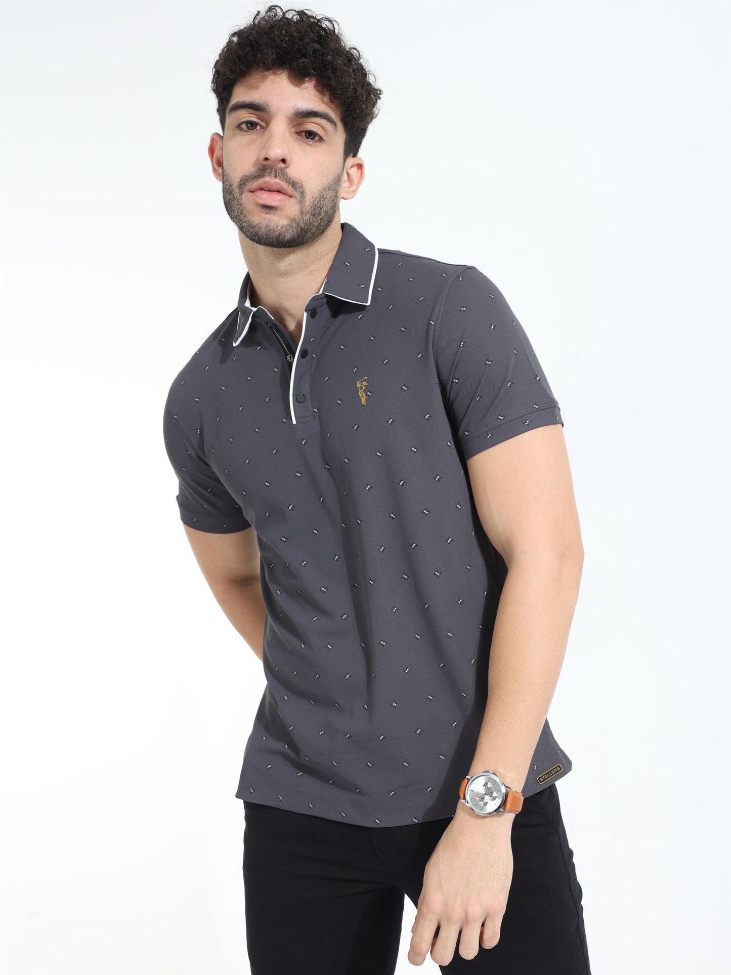 Dark Grey Rolex Print Polo T-Shirts