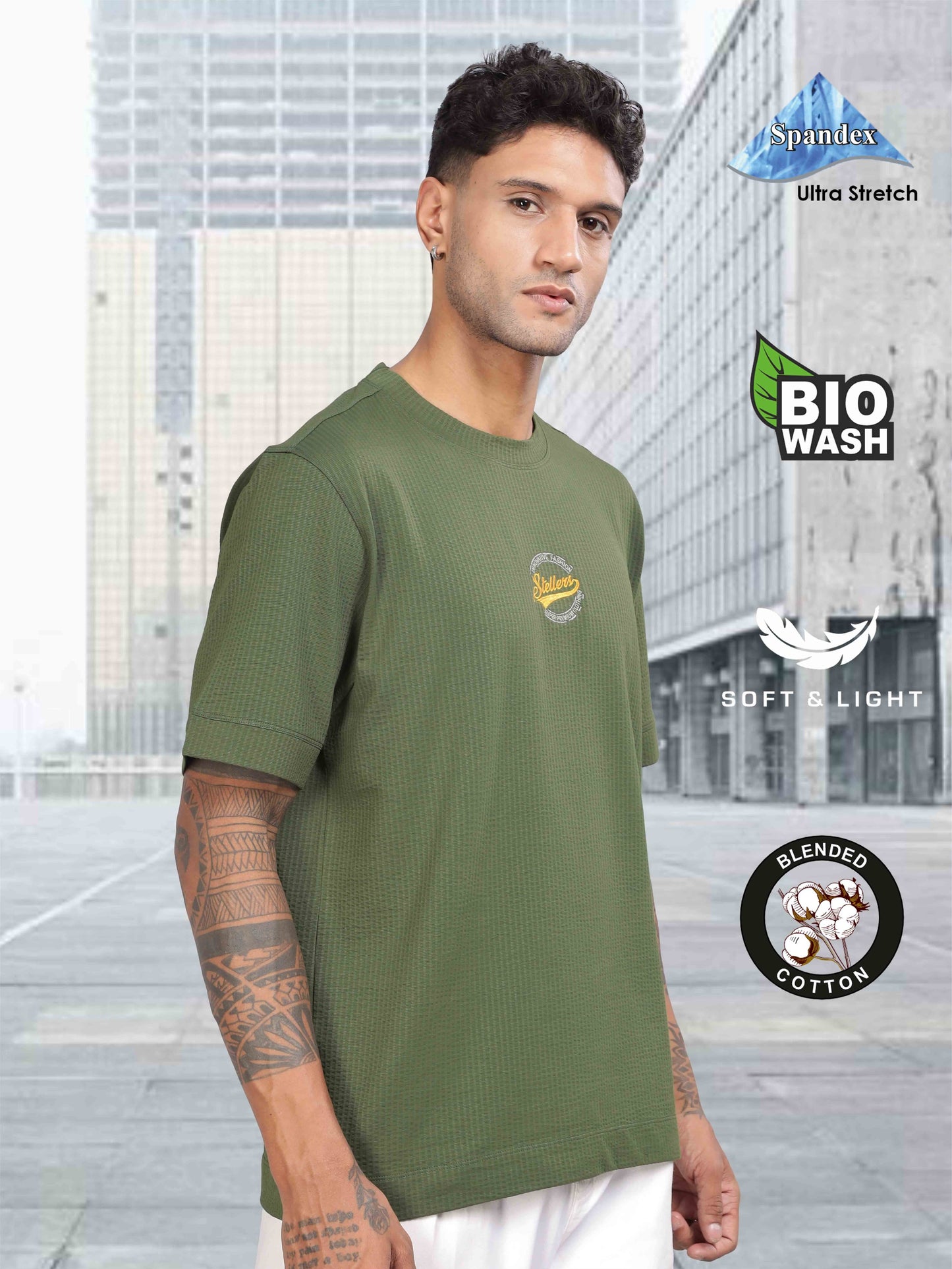 STELLERS Men's Oversized Printed T-Shi-T-Shirts-Olive Green