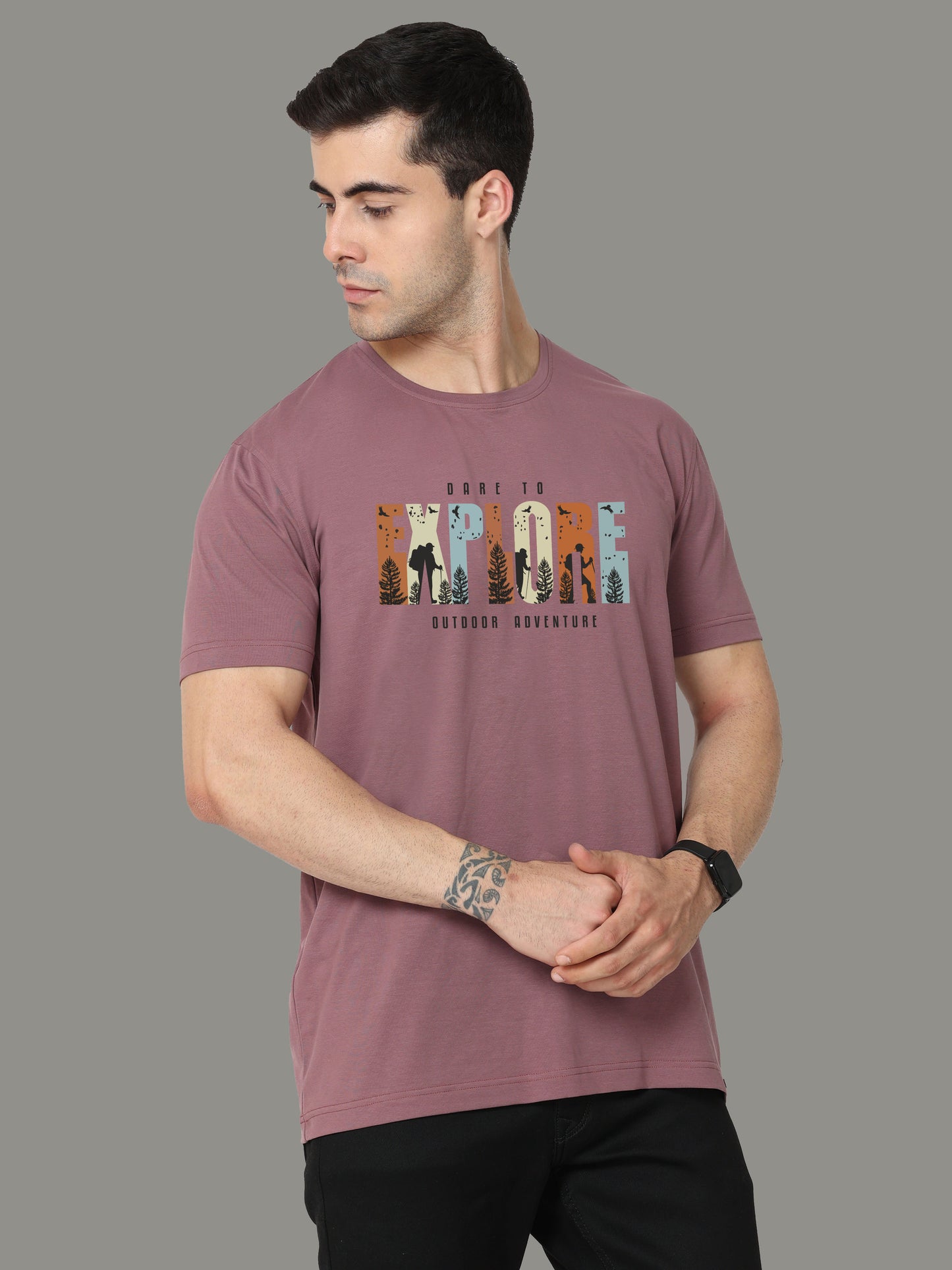 Mauve Explore Print Crew Neck Tees