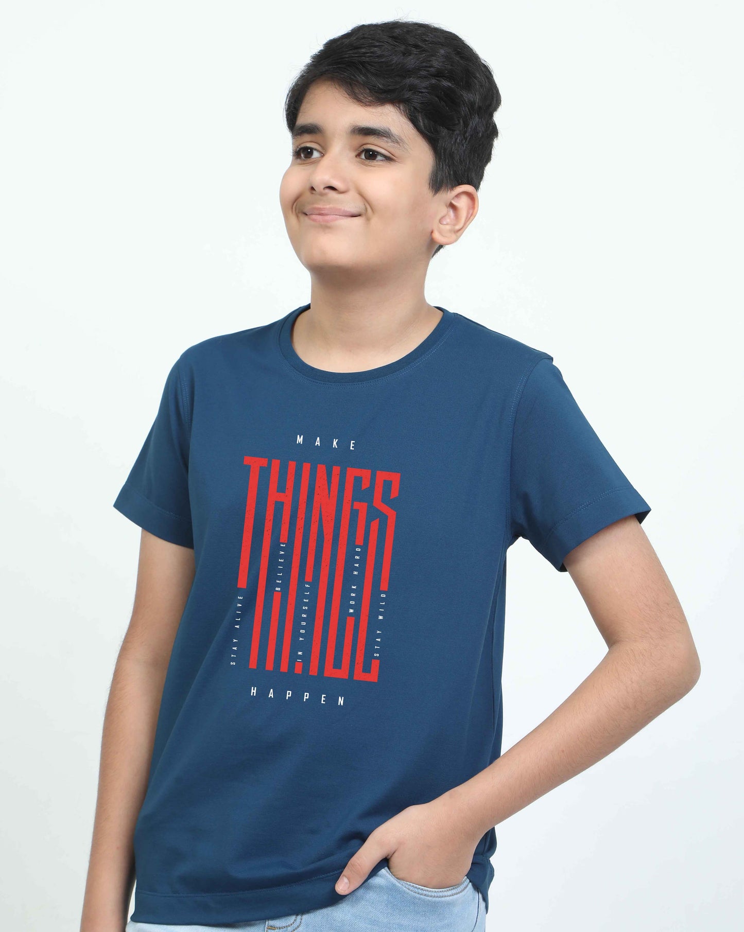 Teal Blue- Make Things Printed Crew Neck T-Shirt