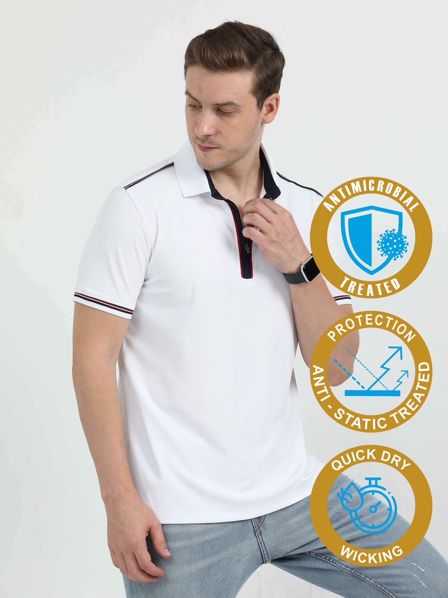 White Zipper Placket Polo T-Shirt